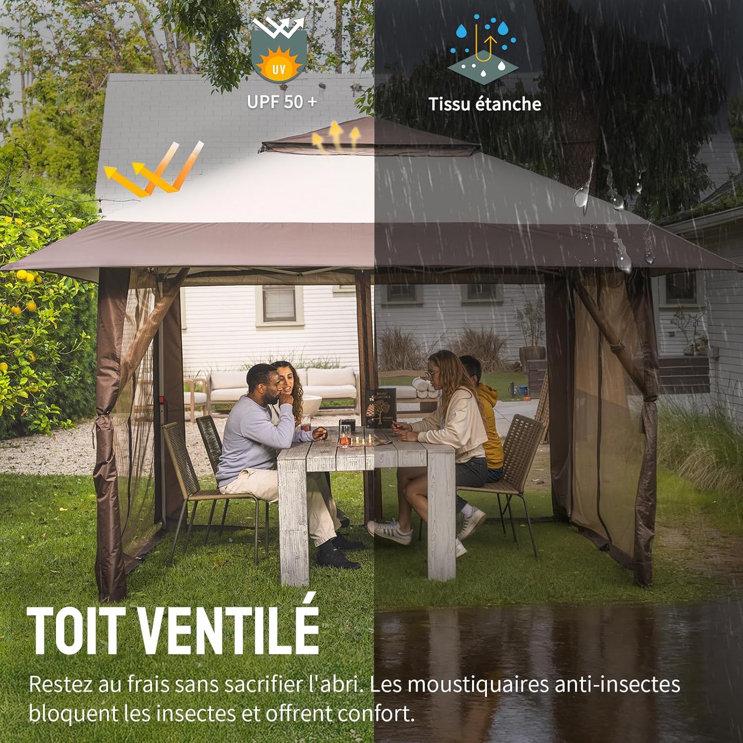 CROWN SHADES Tonnelle de Jardin 4 x 4 m, Pop Up Gezebo Exterieur Imperméable, Abri de Jardin Réglable en Hauteur, Double Toit avec Côtés en Maille Zippée, Sac de Transport, Beige