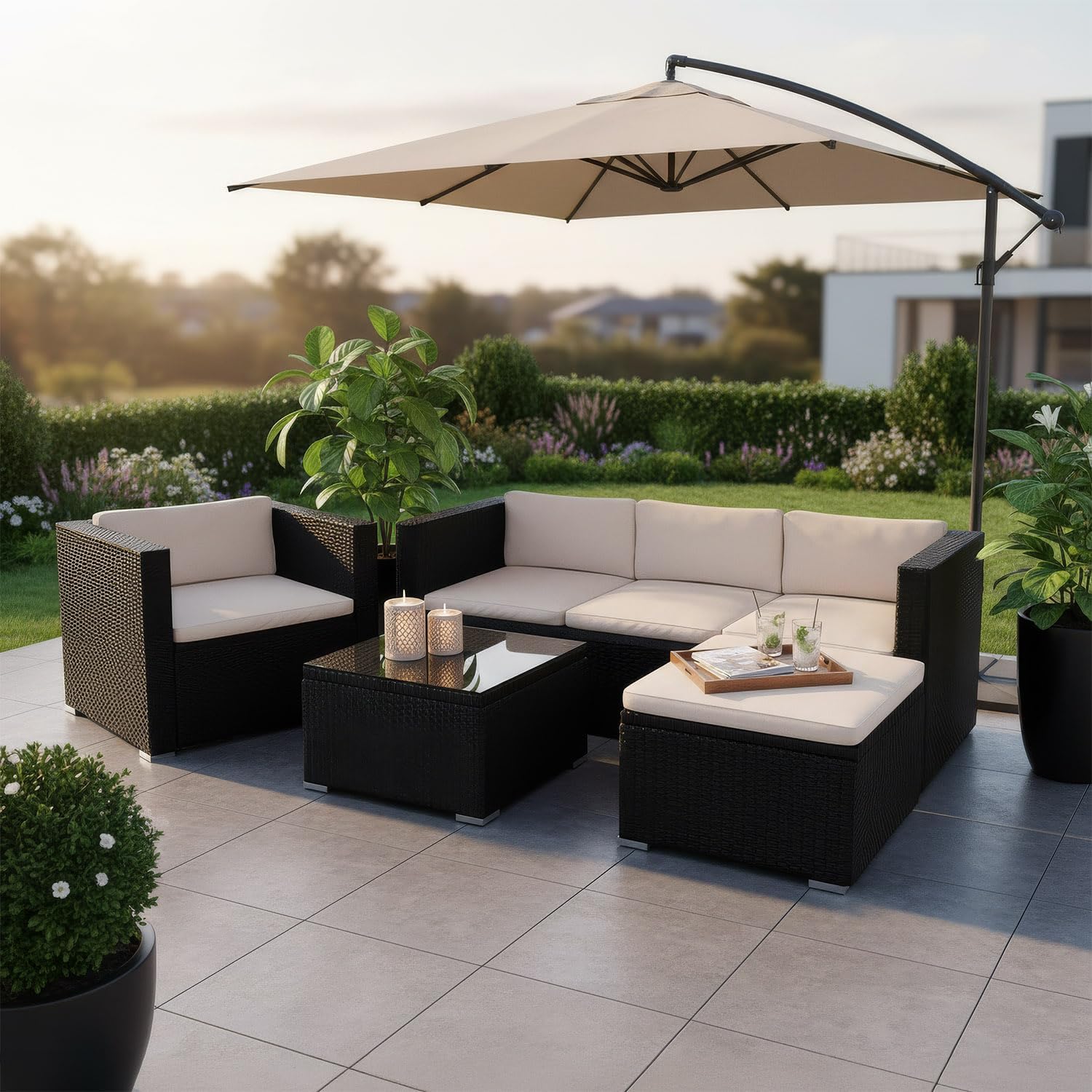 Juskys - Punta Cana L - ensemble jardin polyrotin 4-5 pers, canapé, table, coussins, résistant intempéries