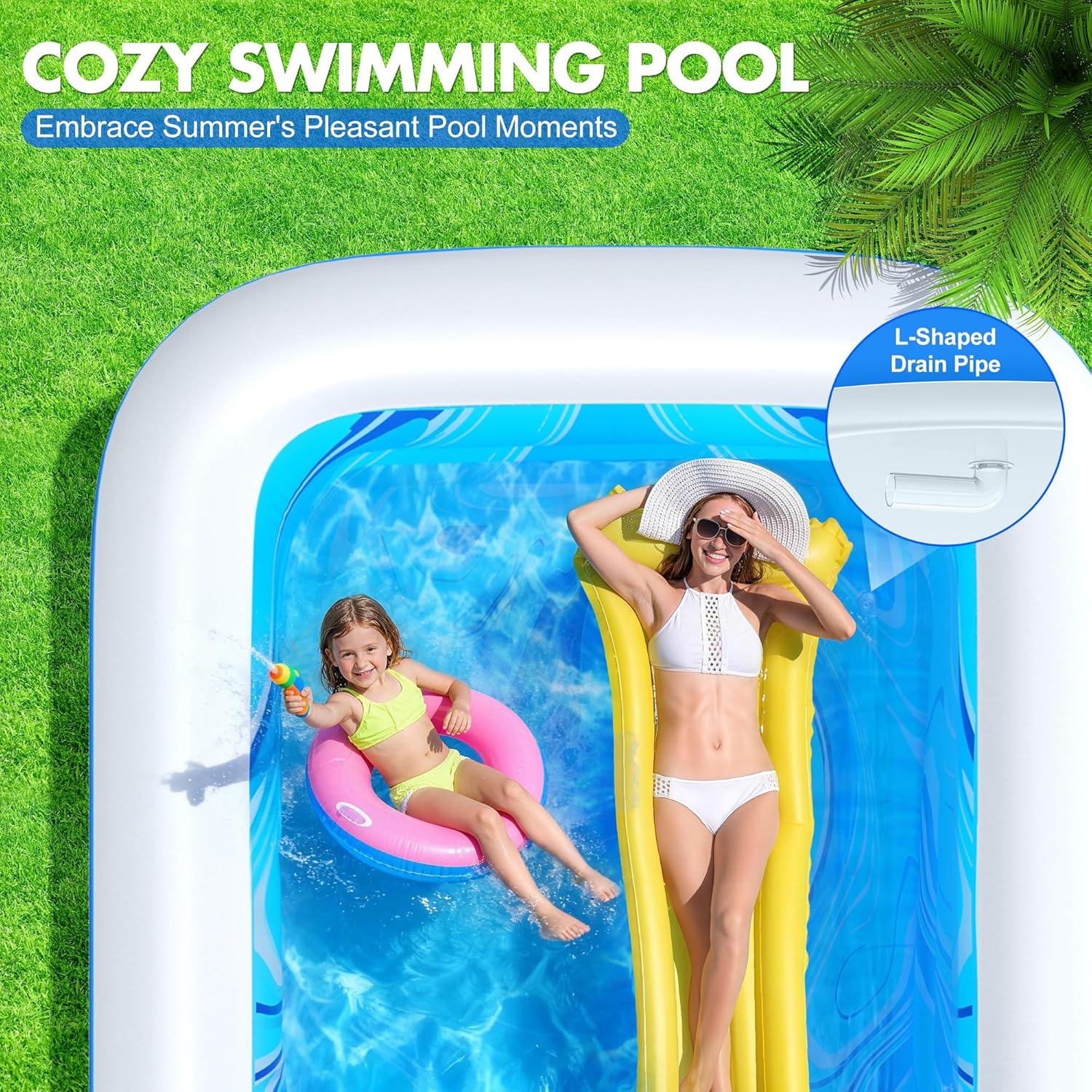 LuxBlue Piscine Gonflable Adulte, Piscine Familiale avec Siège et Dossier, 0.5mm Épaissi Piscines Rectangulaire Gonflable avec Porte-Gobelet, 250*160*63cm Pataugeoire Grande Piscines Gonflable Jardin