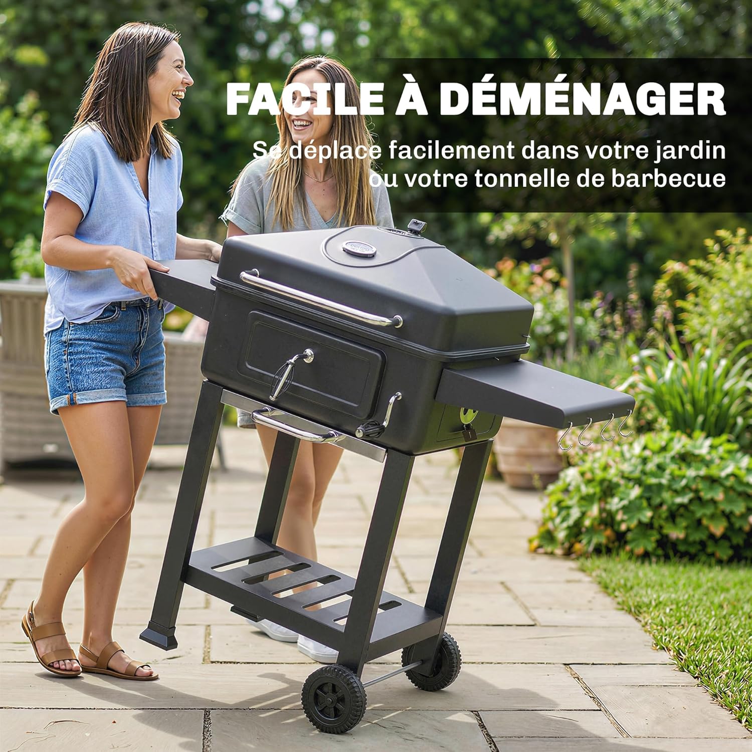 Outsunny - Barbecue XXL 112 cm - fumoir, thermomètre, chariot, couvercle