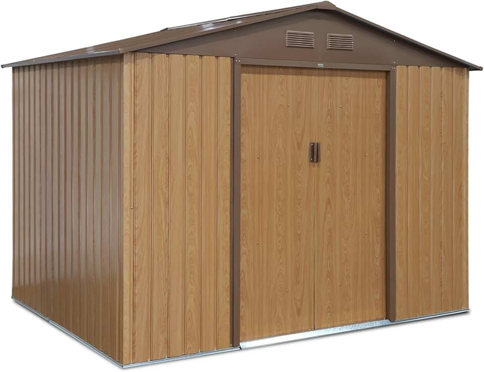 sweeek - Abri de Jardin en métal - FERRAIN 5.29m² Couleur chêne - Cabane à Outils avec Deux Grandes Portes coulissantes. kit de Fixation Sol Inclus. Maison de Rangement. Remise