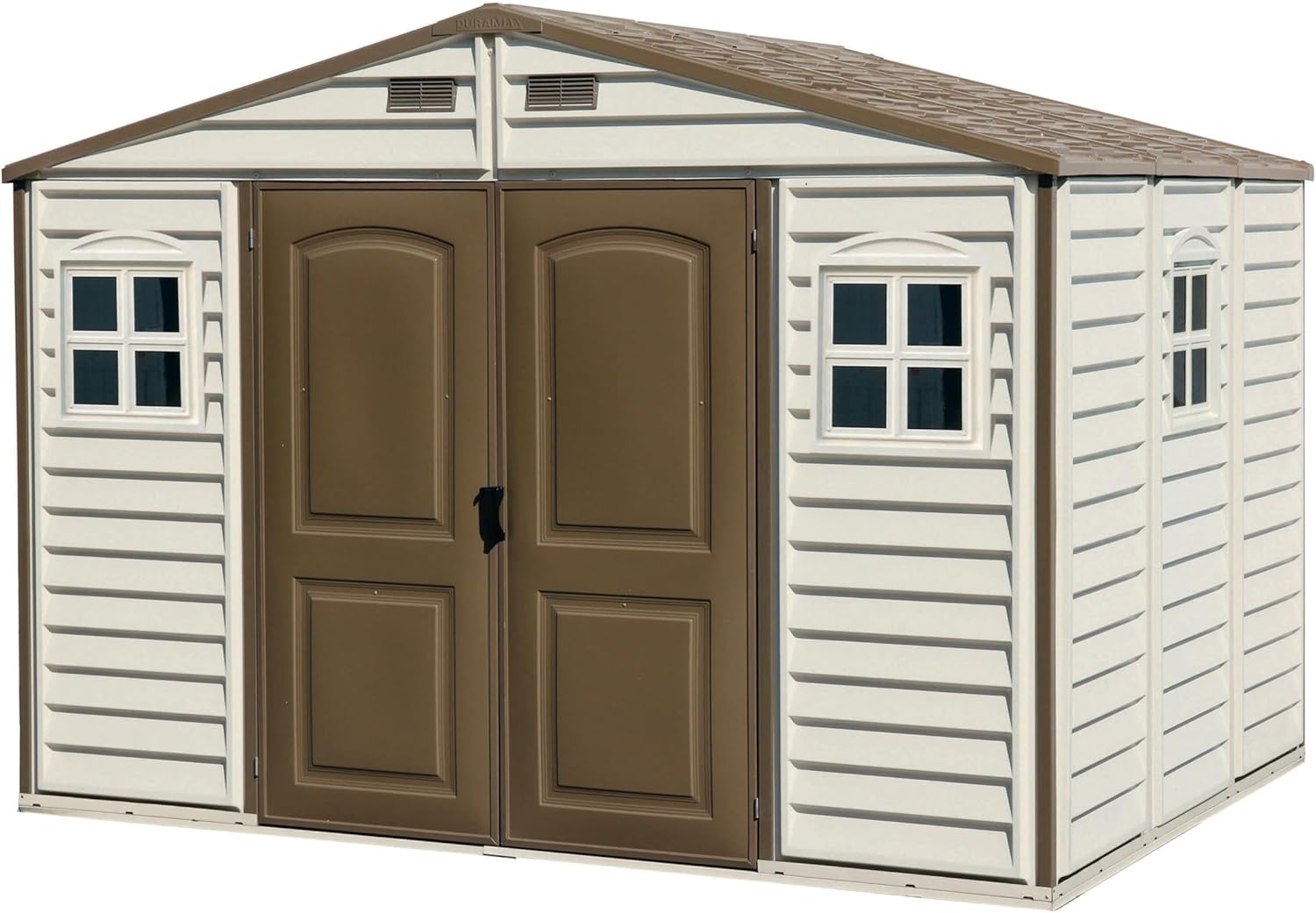 Duramax WoodSide 10 x 8 (7.64 m²) Abri de jardin en plastique avec 3 fenêtres fixes et kit de fondation en métal, structure de toit en métal robuste, ignifuge et sans entretien - Ivory/Brown