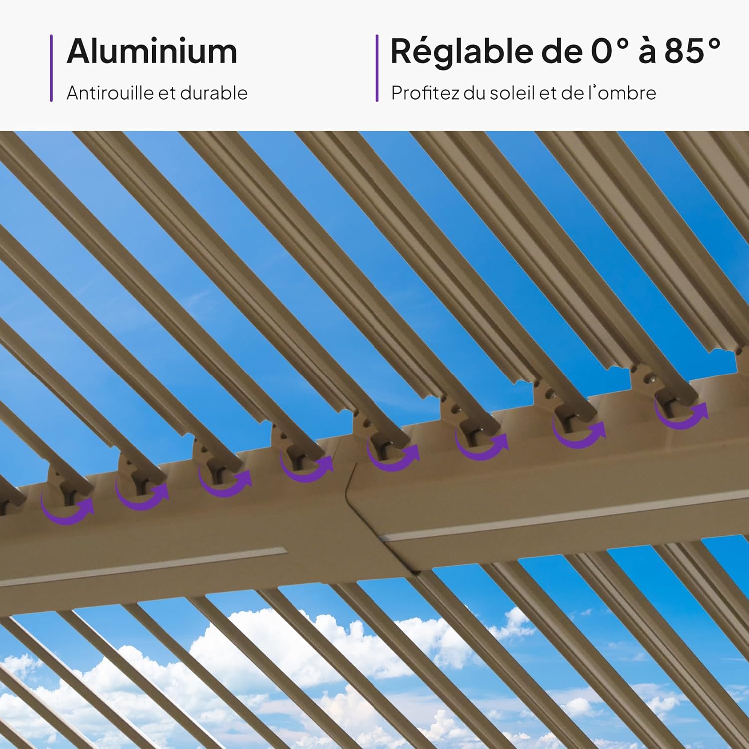 PURPLE LEAF - Pergola bioclimatique - 3x3,65m - LED, alu, lames orientables, étanche, anti-UV