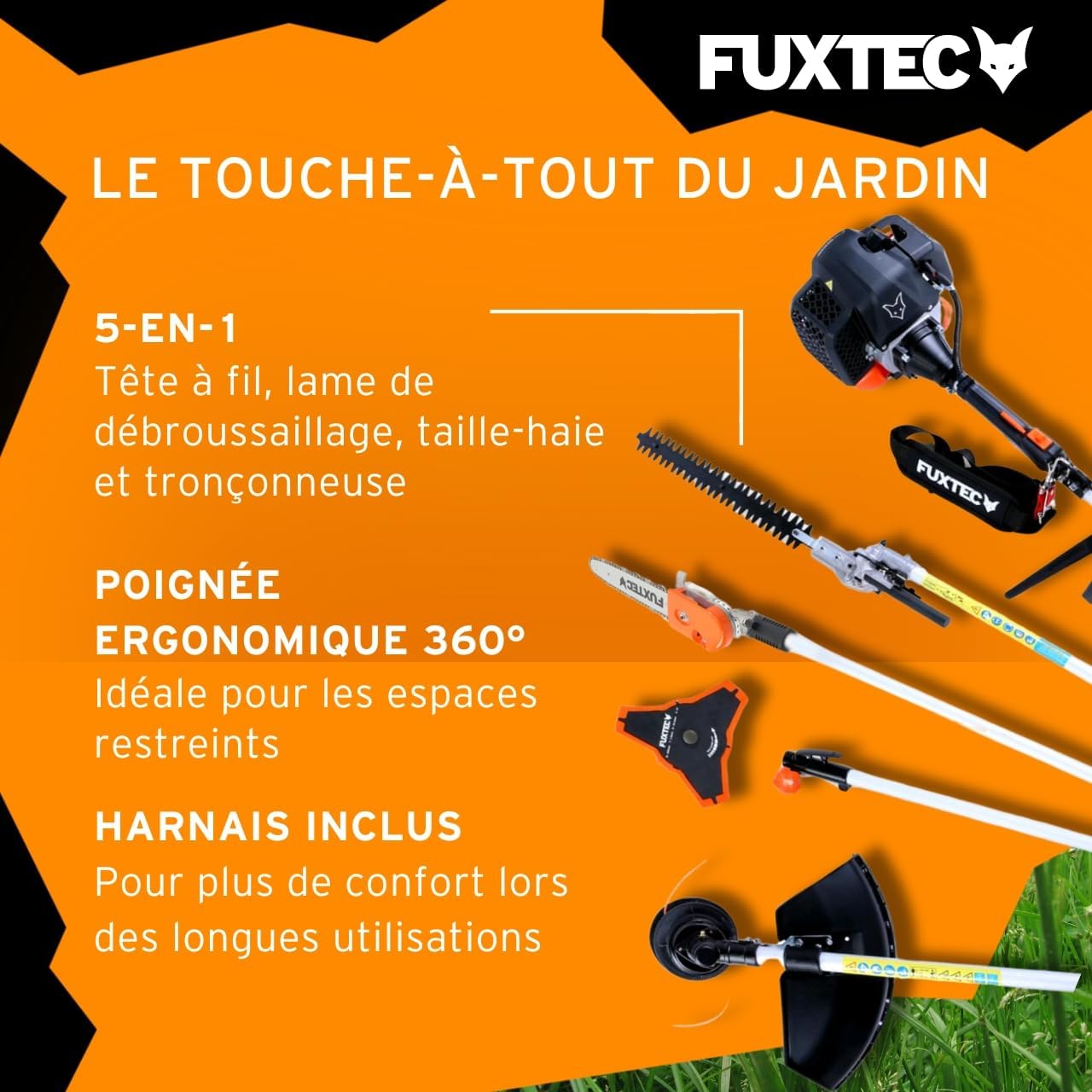 Fuxtec Débroussailleuse Thermique Multifonction 5en1 Multitool FX-MT252ER Easy Starter 3CV 52 cm³, Moteur 2 Temps, Élagueuse Inclinable Taille Haie Coupe Bordure avec Fil ou Lame 1 Mètre Rallonge