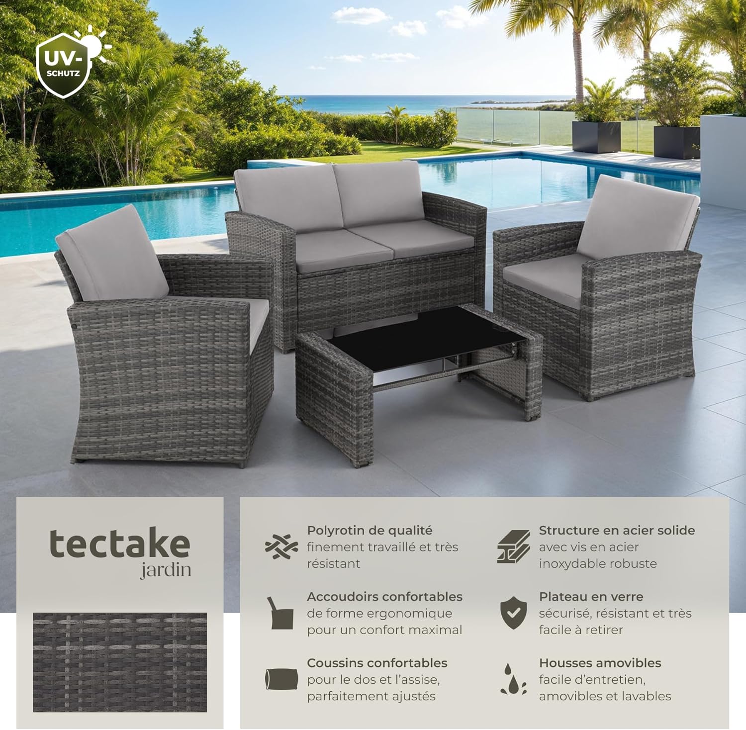 tectake - Salon de jardin 4 places, résine tressée, canapé, 2 fauteuils, table verre, coussins inclus, Gris/Gris Clair