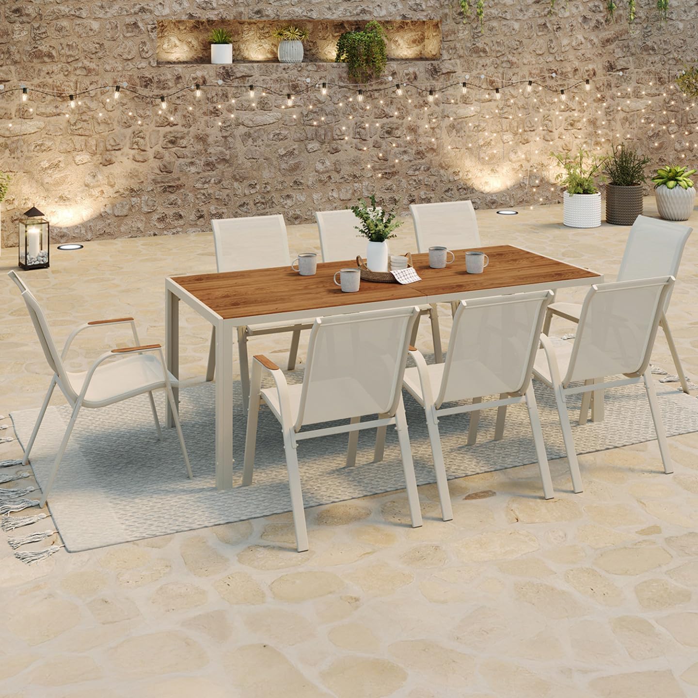 IDMarket - Noumea Salon jardin 190 cm verre-bois, 8 chaises empilables