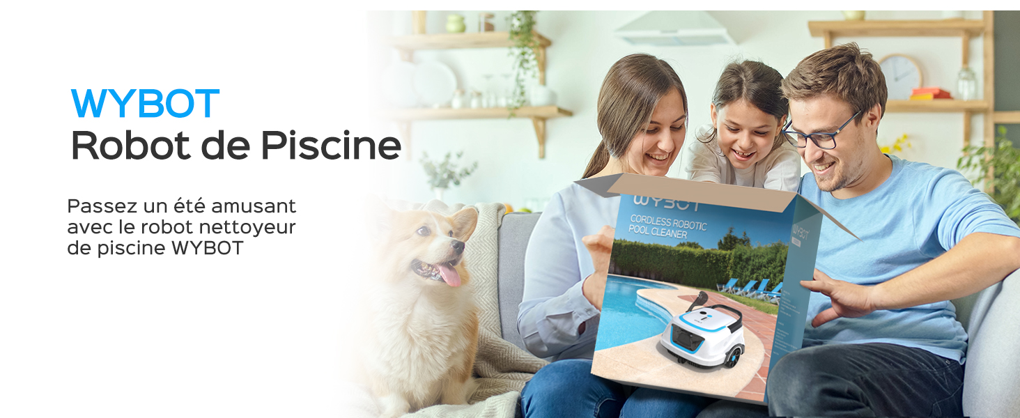 du robot de nettoyage de piscine WYBOT montrant une interface numérique de contrôle sur une tablette