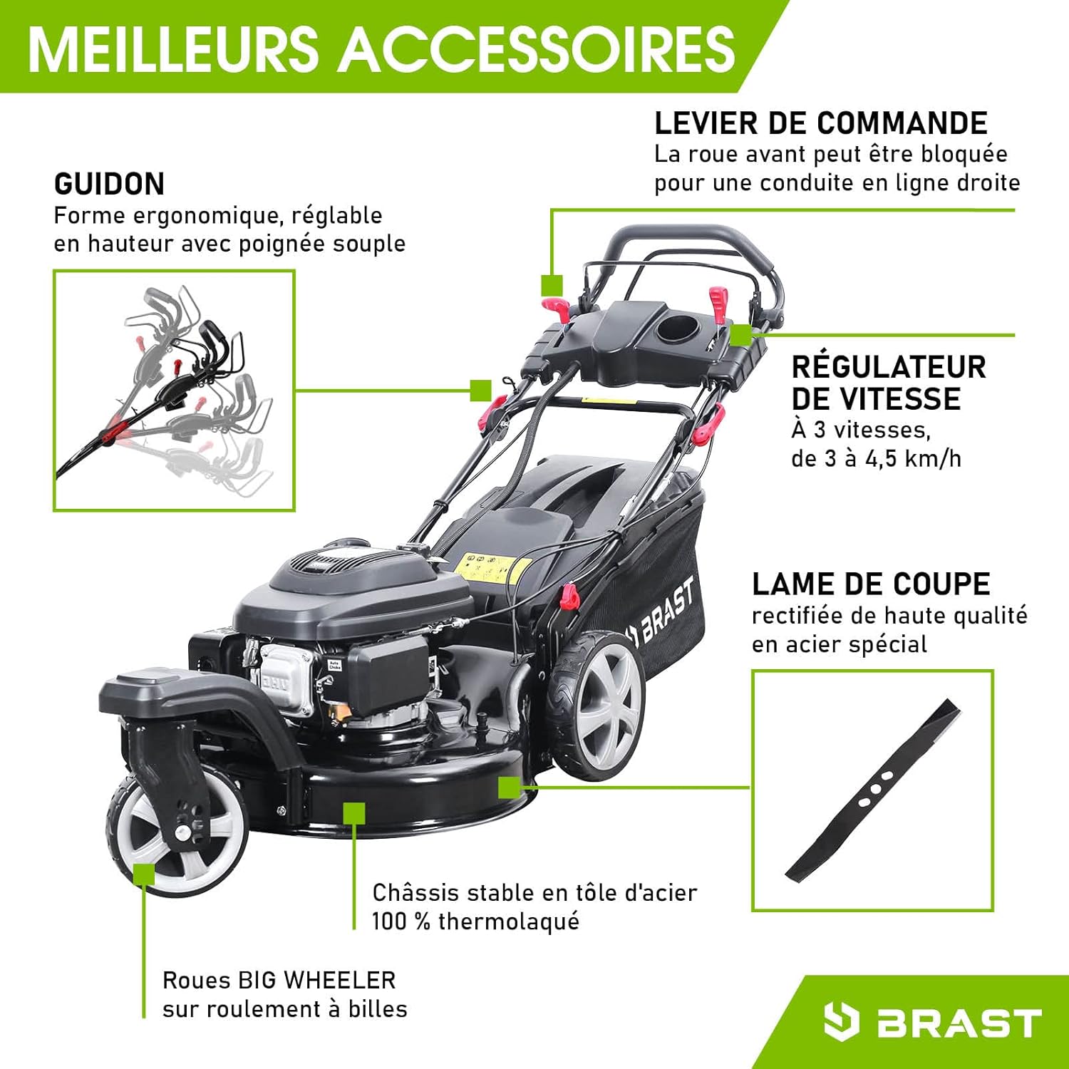 BRAST tondeuse thermique 3 roues TRIKE ESTART SPEED 224cc 53cm tractée démarrage électrique vitesse d'entraînement triple réglable mulching 4en1 capot en tôle en acier 60l - moteur 4 temps reglable