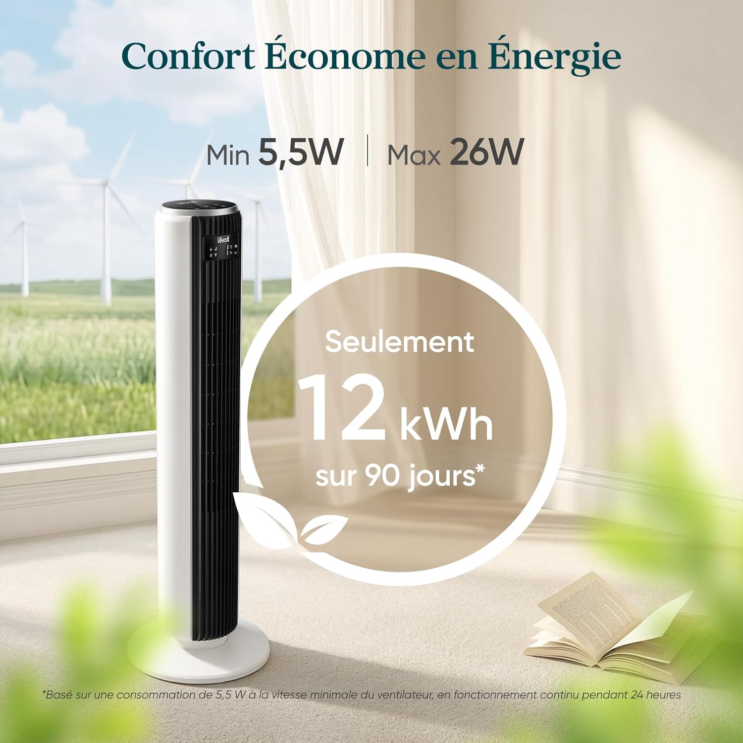 Levoit - Ventilateur colonne 26W - moteur DC, 12 vitesses, télécommande