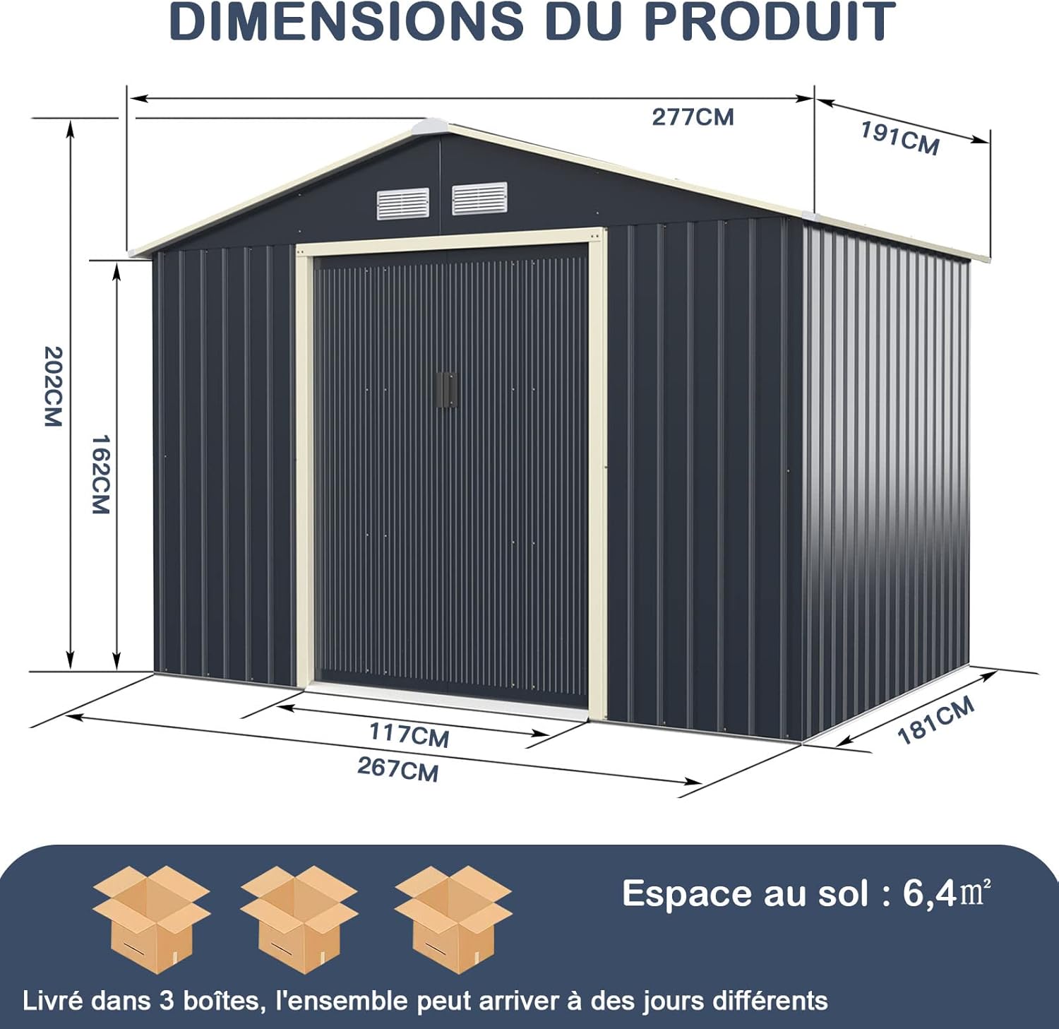 GOPLUS 5,3㎡ Abri de Jardin Métal, Cabine de Jardin Extérieur Portes Coulissantes, Cabane de Rangement à Outils, 277 x 191 x 202 cm, Gris
