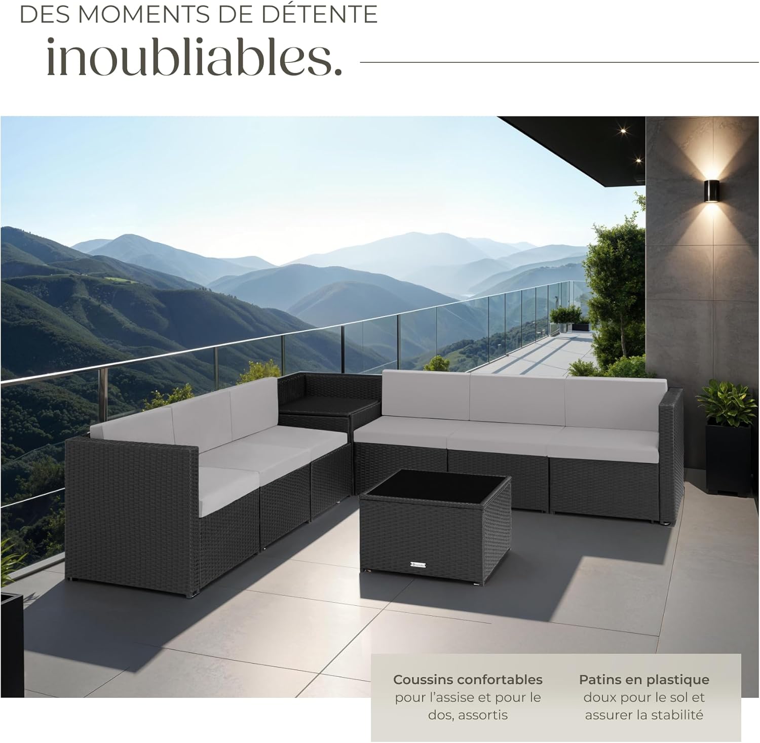 tectake - salon de jardin modulable 6 places - résine tressée, table verre, coffre rangement - 198x130x70 cm