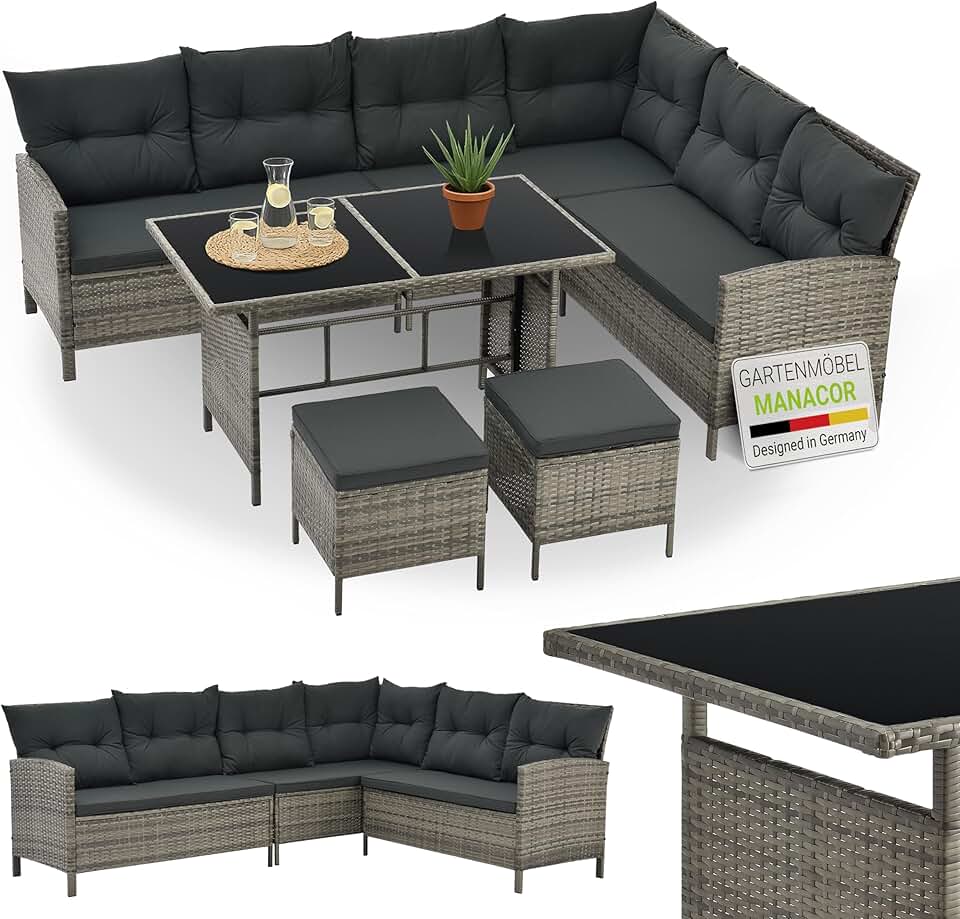 Juskys - Salon de Jardin Manacor - 7 places - Canapé, table, tabourets, coussins, housses, polyrotin gris