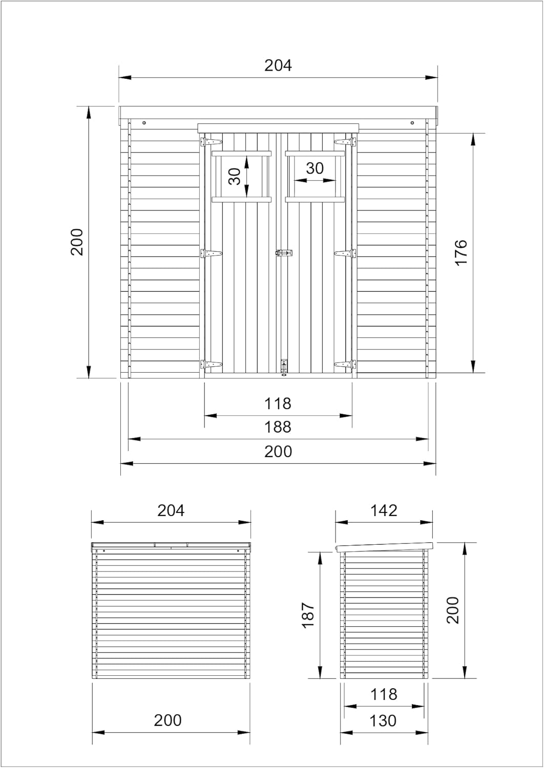 Timbela - abri de jardin bois, 204x142x200cm, toit étanche, fenêtres, M311