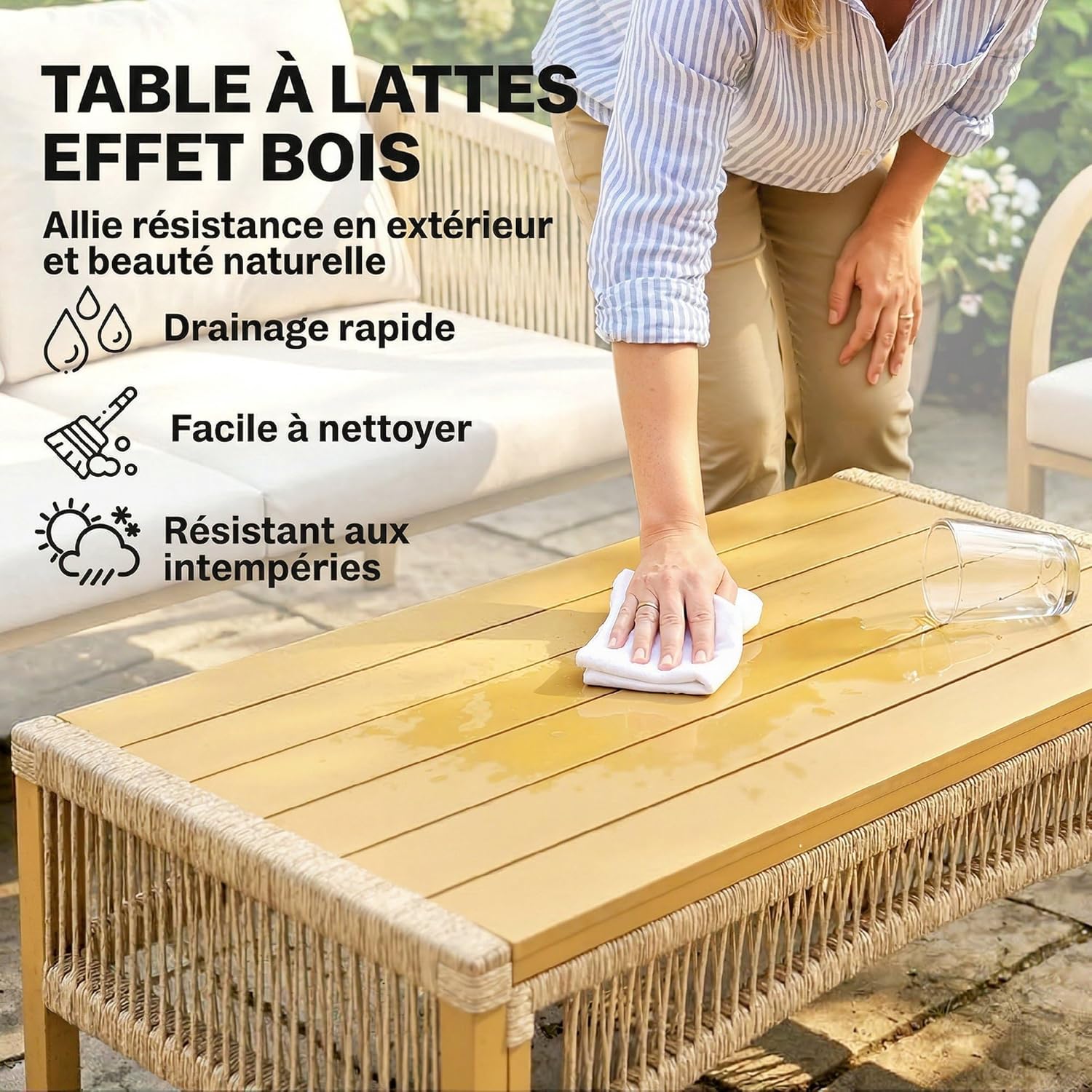 Outsunny - Salon de jardin 4 pcs - canapé 2 places, coussins, table basse, plateau acier imitation bois - kaki