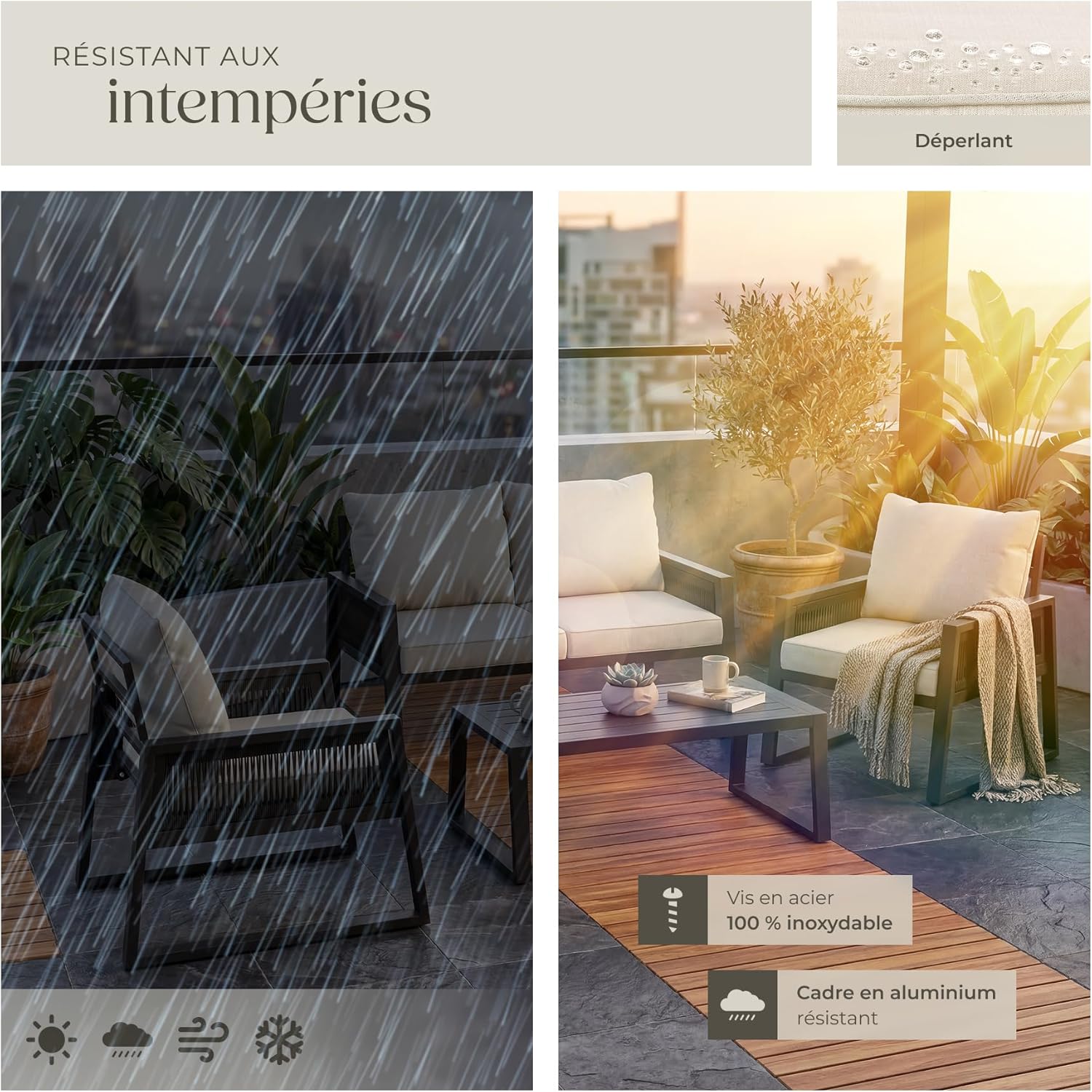 tectake - Salon jardin alu 4 places, canapé, fauteuils, table, coussins inclus