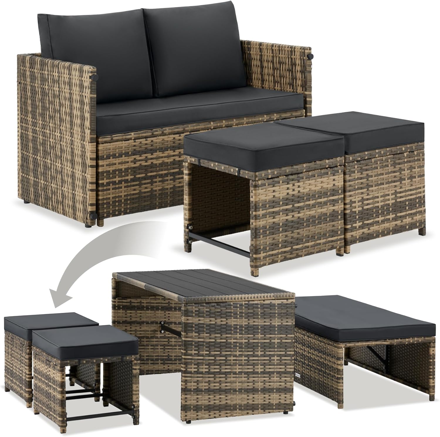 tectake - Salon de jardin modulable 2en1 4 places - canape exterieur, encastrable, table et chaises
