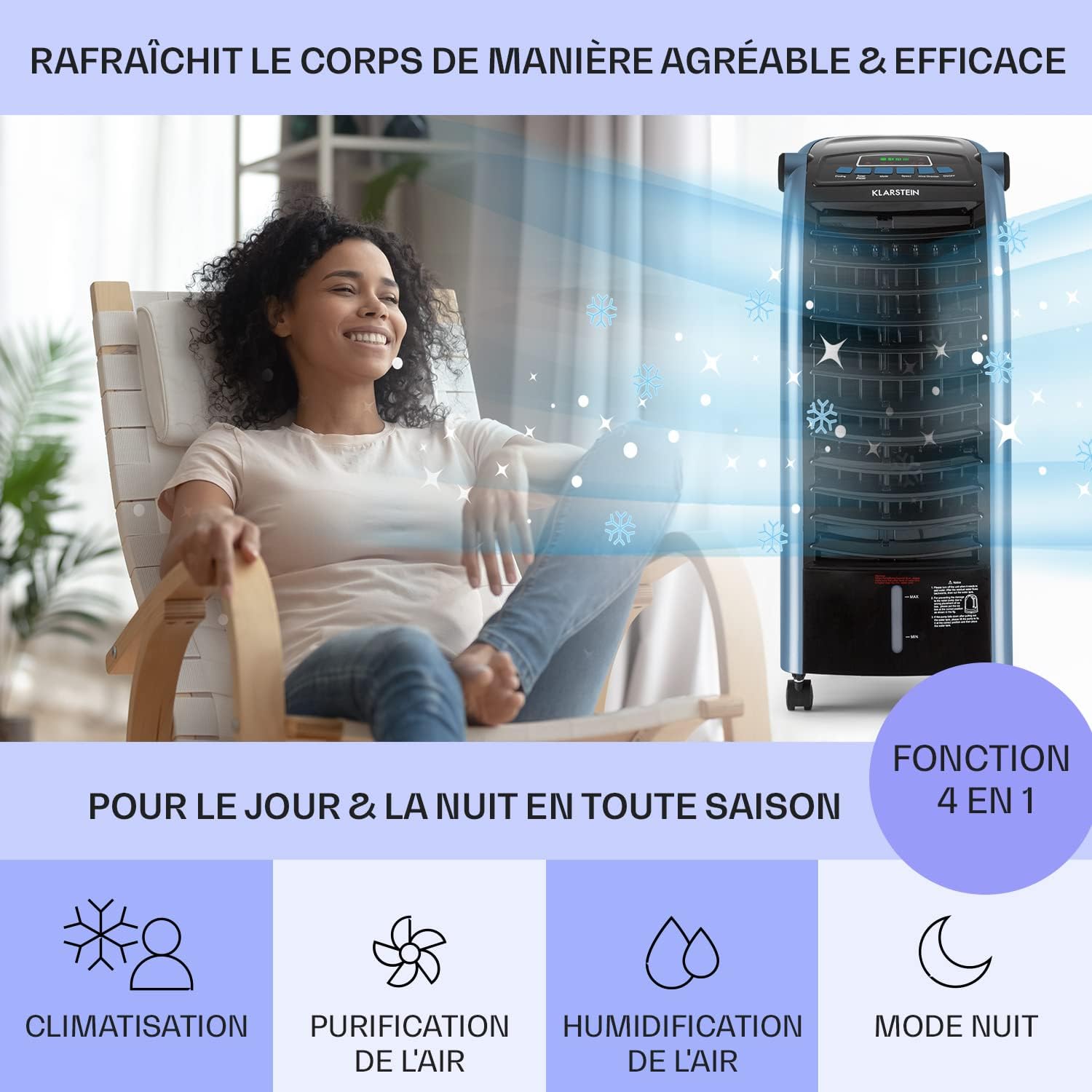 Klarstein - Rafraichisseur d'air 4 en 1 - 6L - clim, humidificateur, ventilateur, ioniseur, 65W, 444m³/h