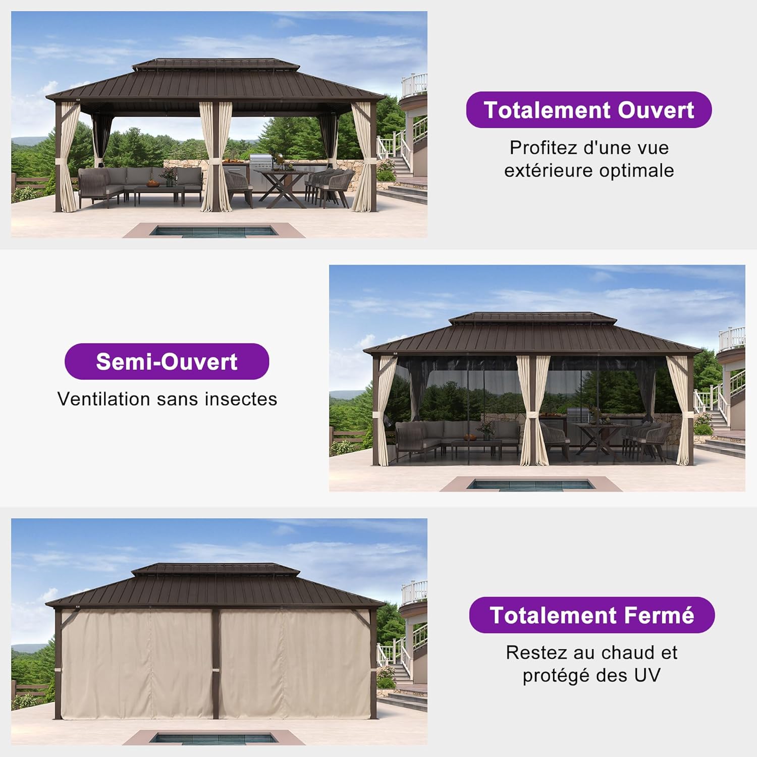 PURPLE LEAF - pergola double toit rigide 6x3,65m, aluminium, guirlande, rideaux