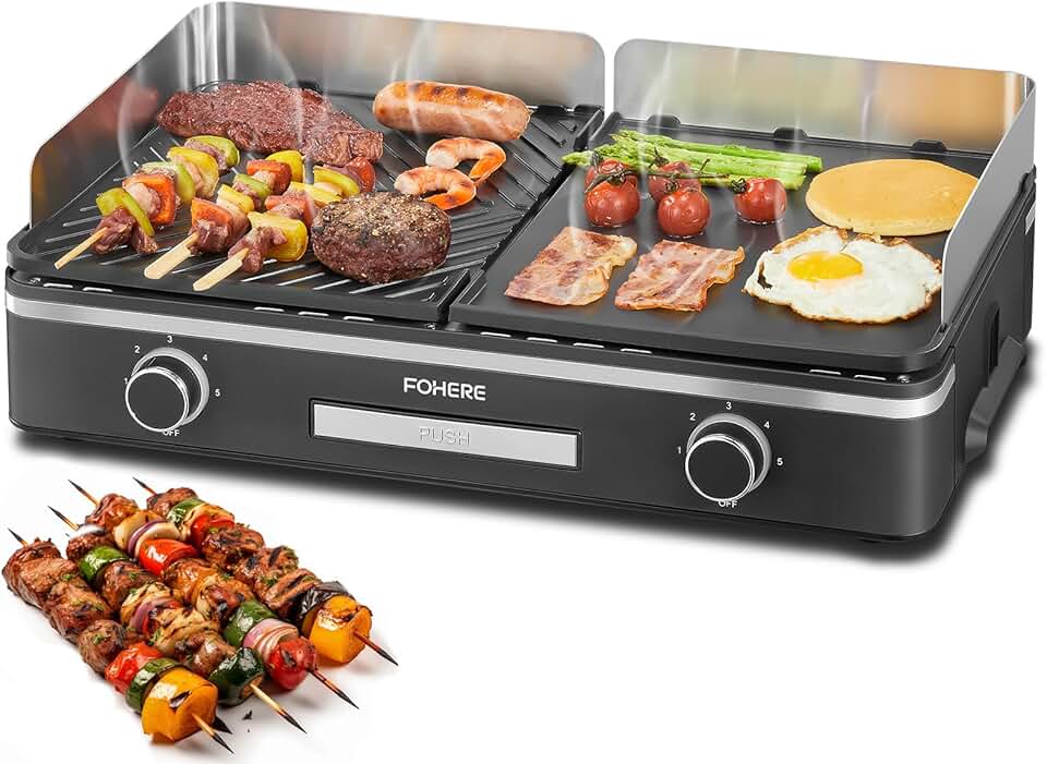 FOHERE - Barbecue de table 2400W - 2 zones, grande plancha antiadhésive