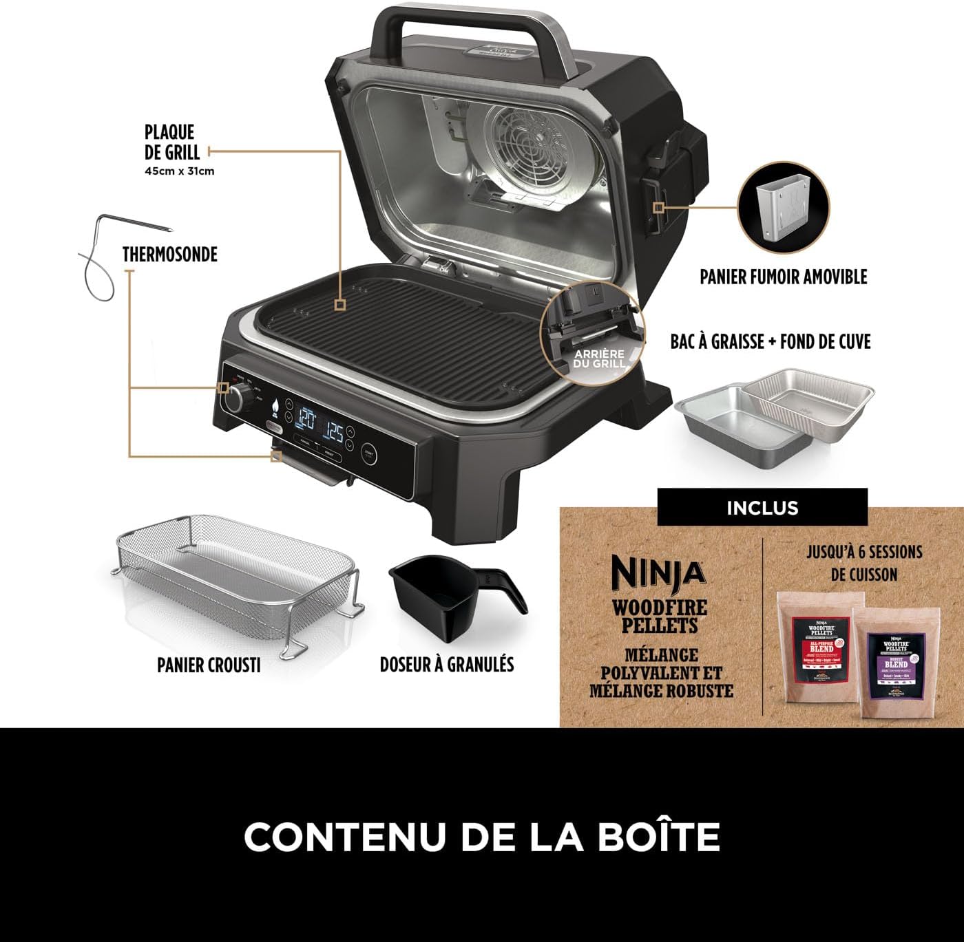 Ninja - Barbecue électrique Pro XL portable - Smart Cook, air fryer, thermomètre, fumoir, granulés Woodfire - OG850EU