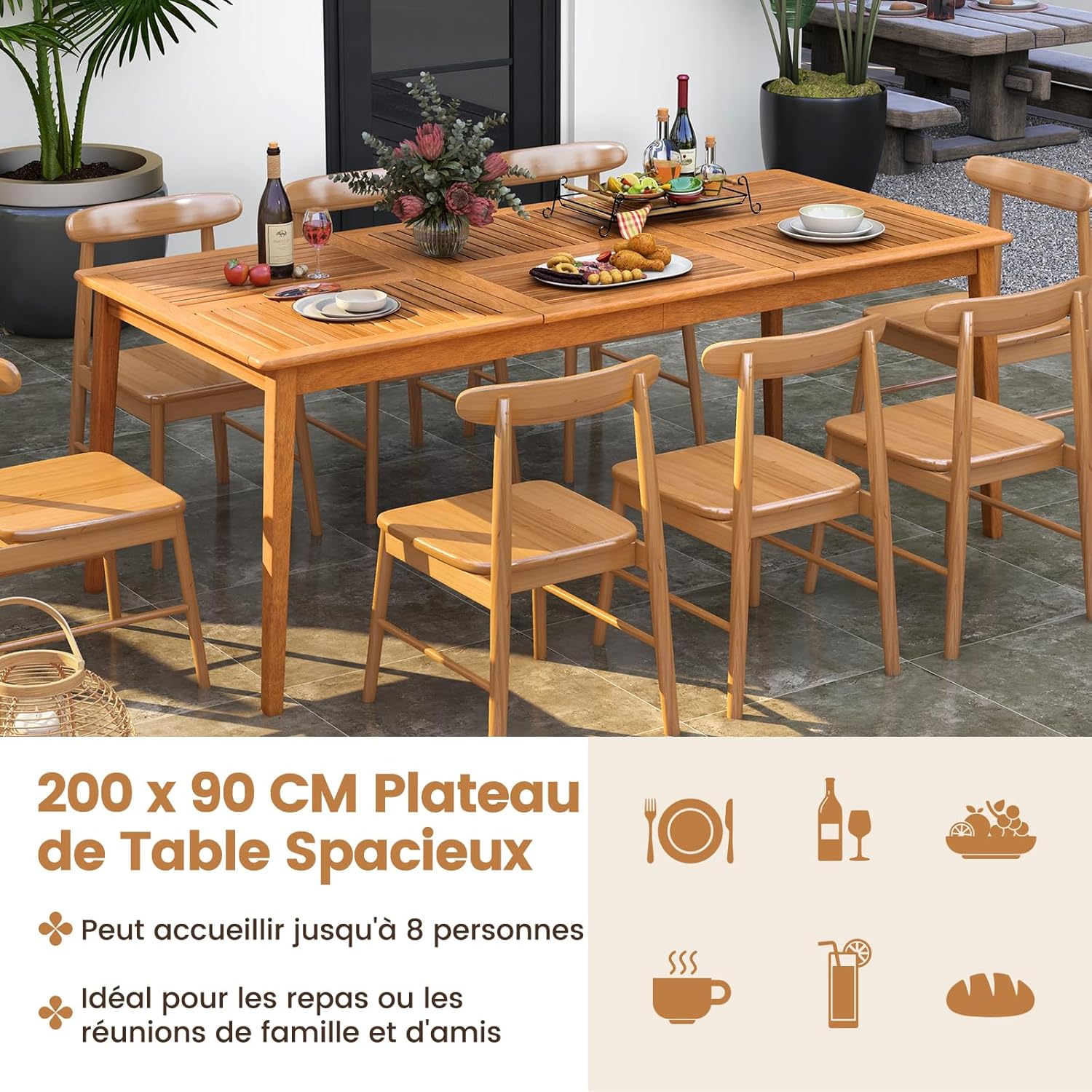 GOPLUS - table repas extérieur Acacia FSC 90x200cm, 8 places, trou parasol, charge 160kg