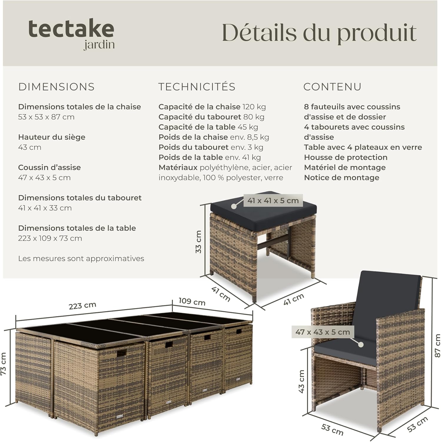 tectake - Salon en résine tressée 8 chaises, table, tabourets, pour jardin, balcon, terrasse - ensemble repas extérieur