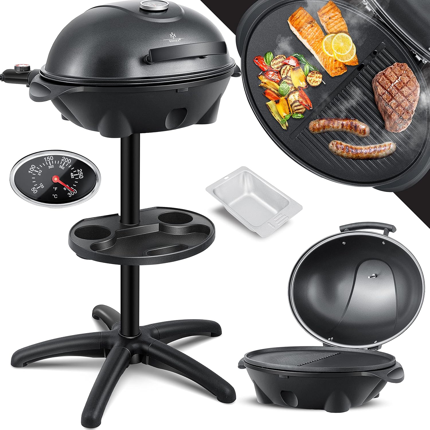 KESSER - Gril électrique 2en1 sur pied XXL - 2400W, thermomètre, revêtement antiadhésif