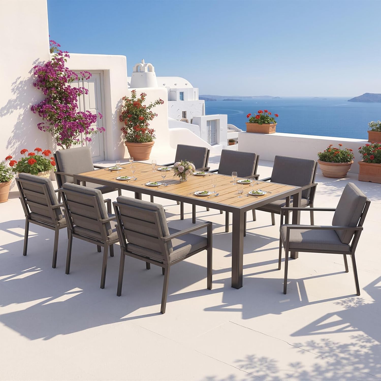 JUMMICO - Table jardin aluminium aspect bois 189x80cm, 6-8 pers, teck