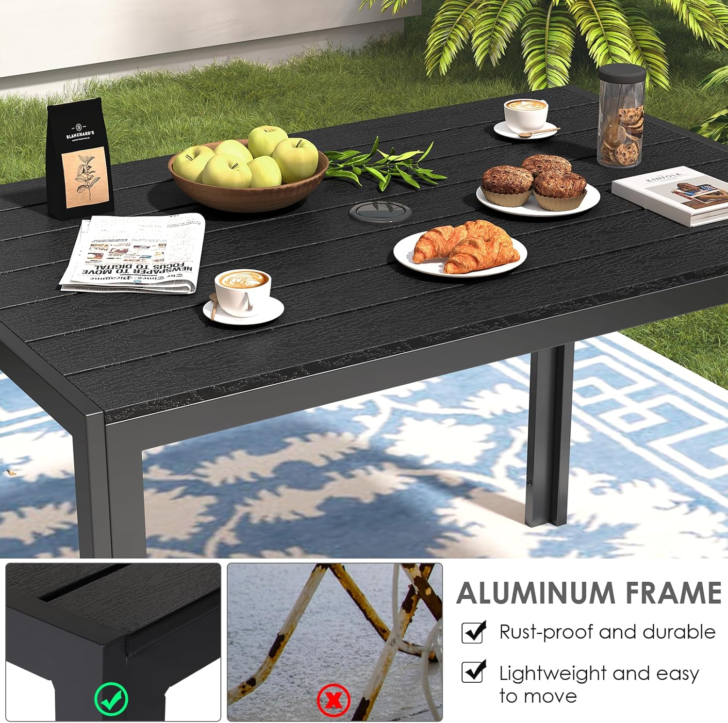 LIFERUN - Table de Jardin 110x70 cm avec Trou de Parasol, Résistante aux Intempéries, Élégante en Bois Effet Noir TW-110