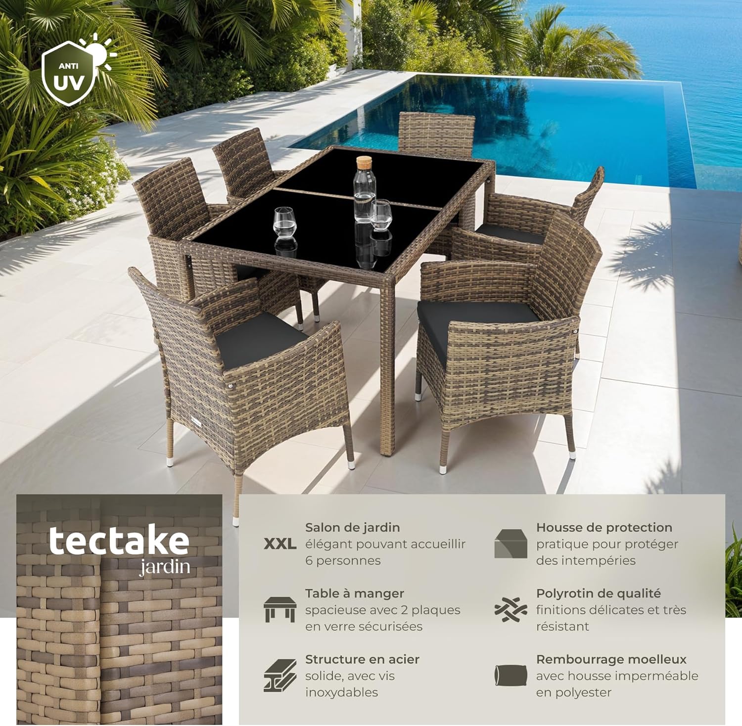 tectake - Salon de jardin poly rotin, 6 chaises confortables, résistant UV, table - 4260624128841