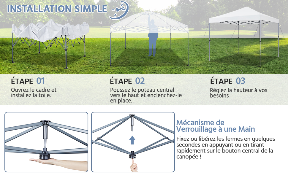 Guide d'installation en trois étapes pour une tente à baldaquin. Illustre la configuration du cadre, le levage du mât central et le réglage de la hauteur à l'aide d'un mécanisme de verrouillage à touche unique