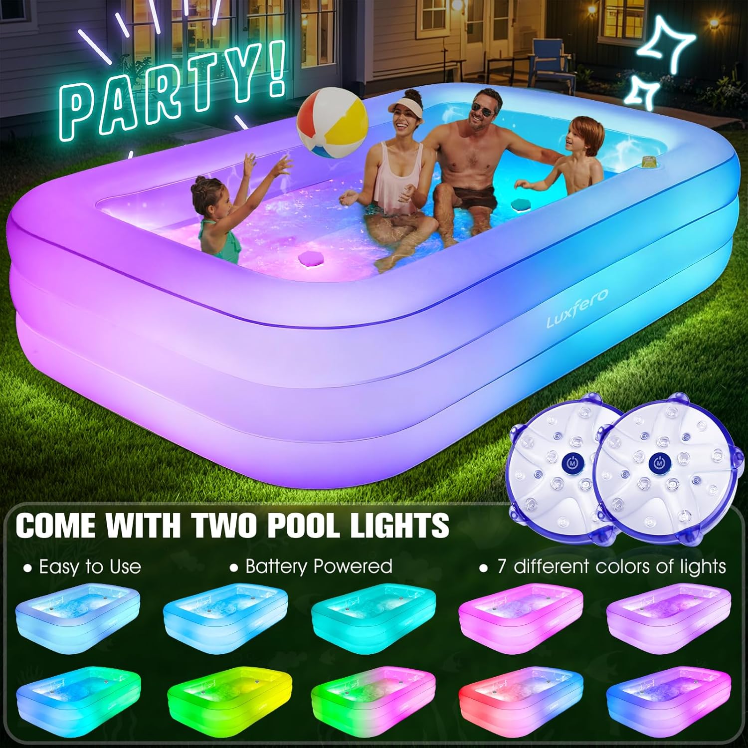 Luxfero – Piscine Gonflable avec siège, 280x160x50 cm, lumières, 1400L