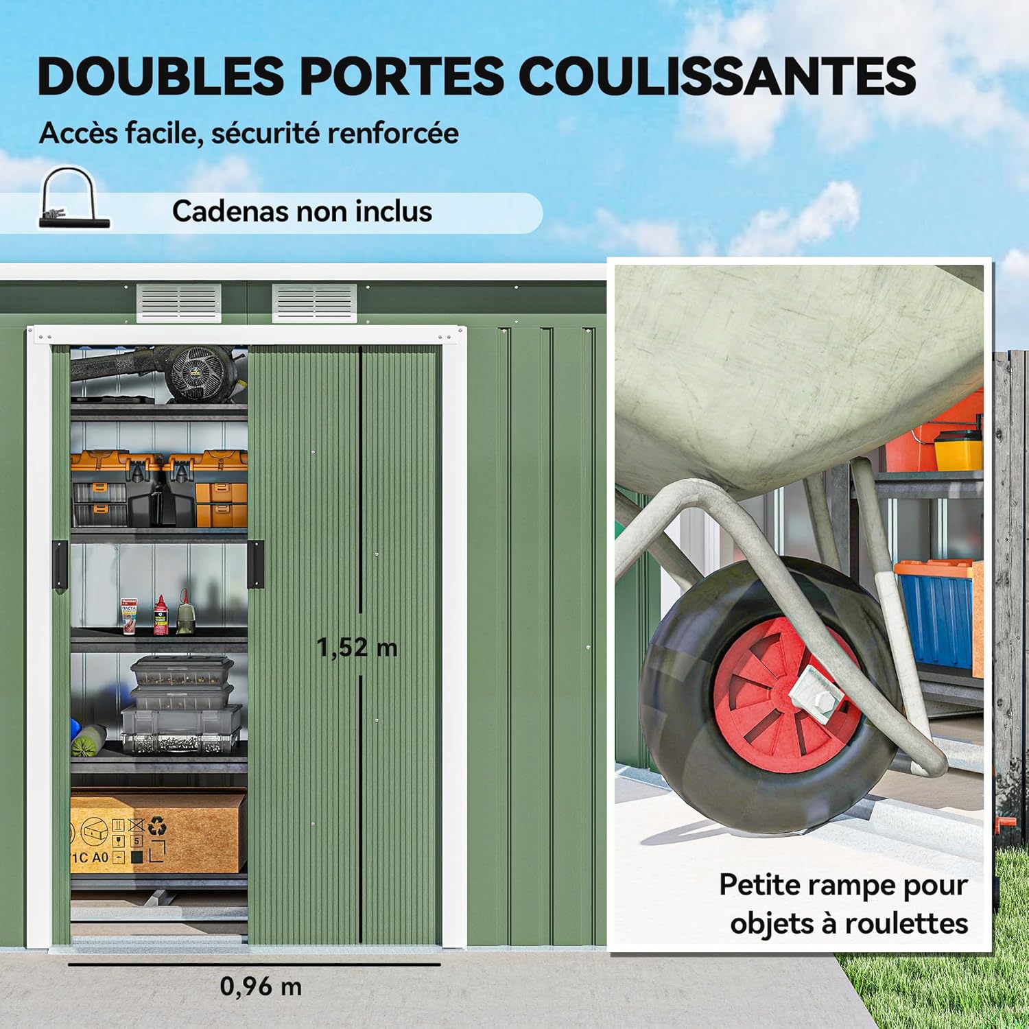 Outsunny - abri jardin XXL acier galvanisé 3,6 m² - 280x130x172 cm, portes coulissantes, kit fondation