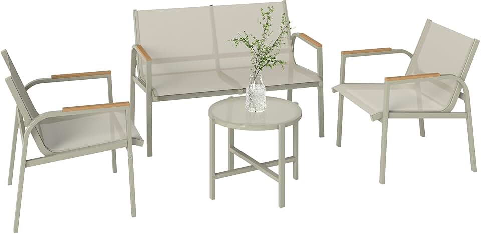 Outsunny - Salon de jardin 4 pièces textilène - 2 places, 2 fauteuils, table verre, vert