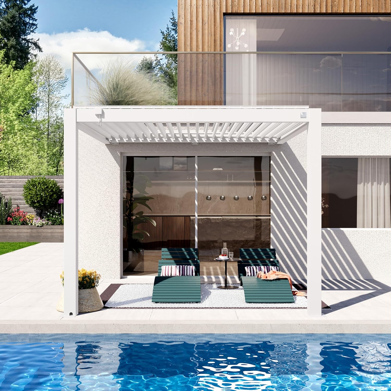 PRIMEYARD - pergola adossée - 3x3 m - alu blanc, lames orientables