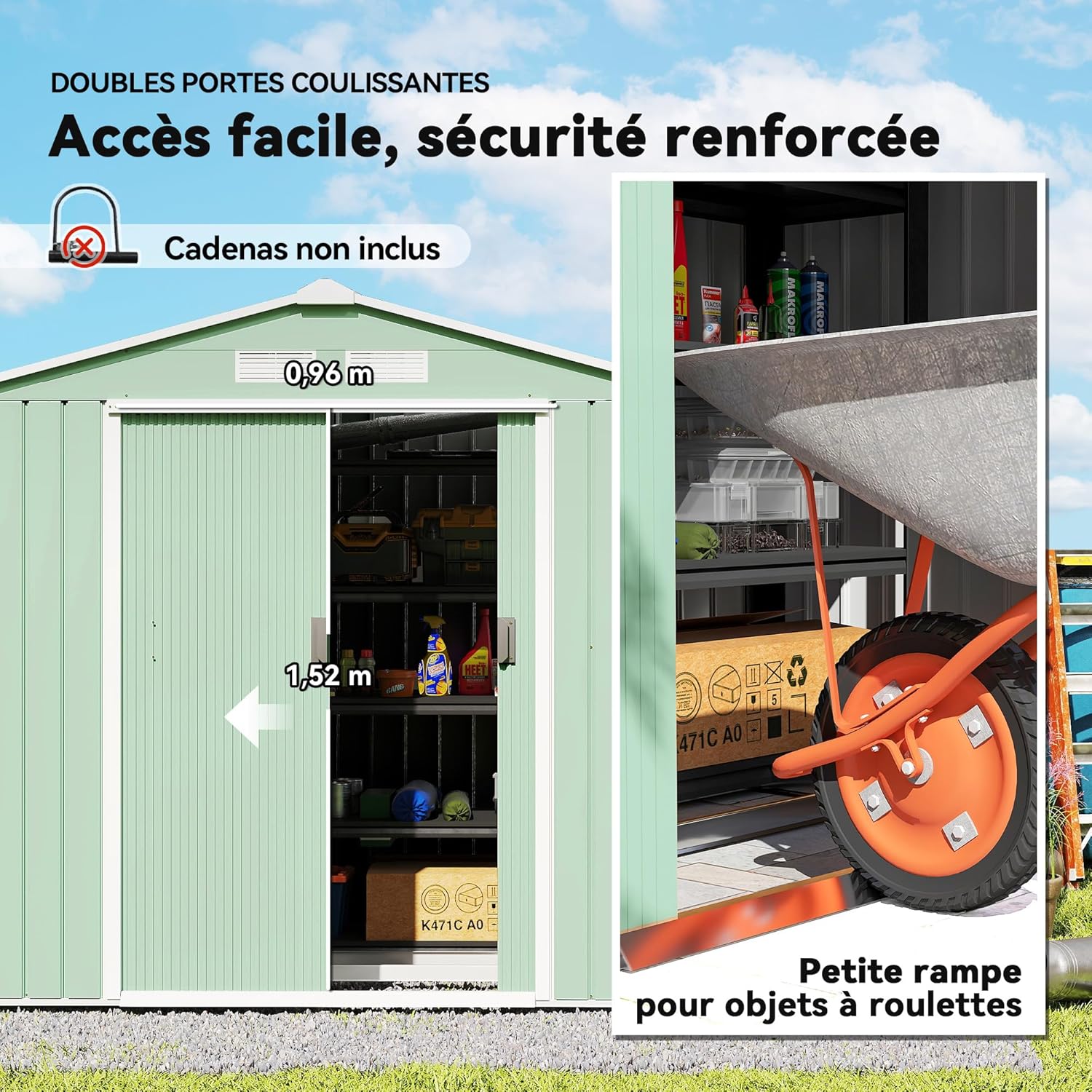 Outsunny - abri de jardin métal 2,77m², porte coulissante, aération, 213x130x185cm