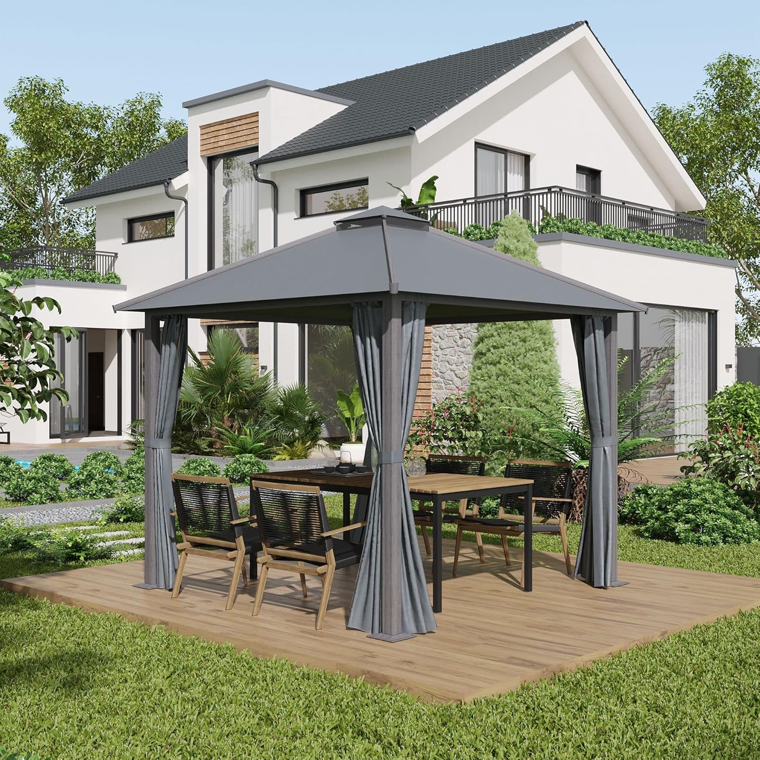 Outsunny - Tonnelle Jardin série Double Toit 3x3m, Aluminium, 4 parois, protection solaire, Gris