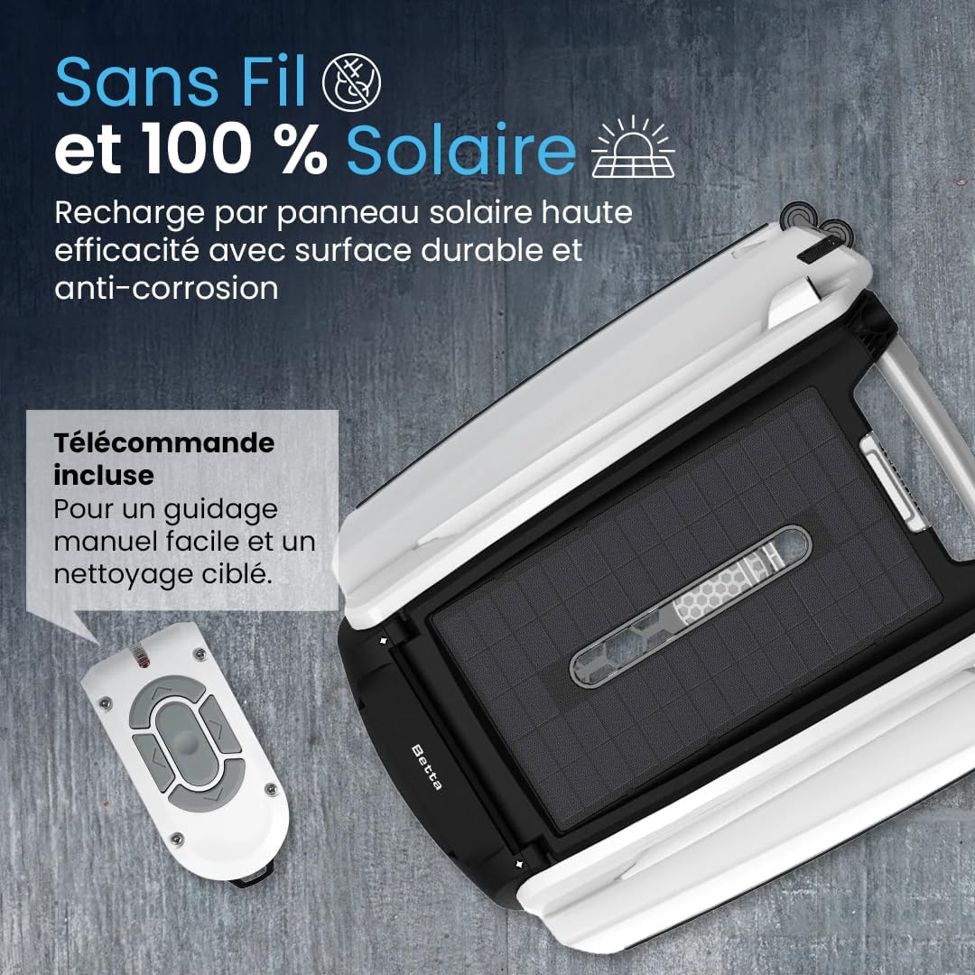 Betta - SE - robot skimmer solaire piscine, 30h autonomie, moteurs sel/chlore, nettoyage 24/7
