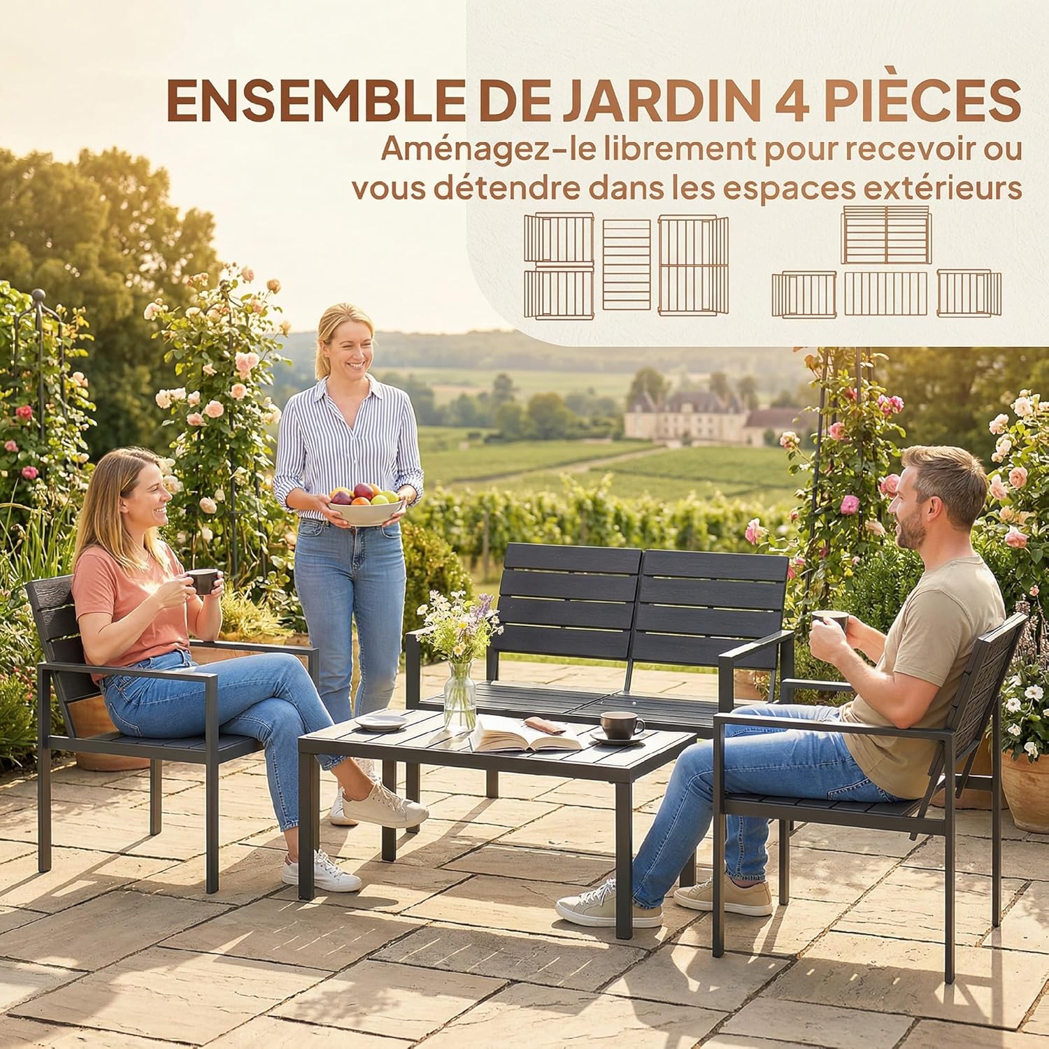 Outsunny - salon de jardin 4 pièces - canapé 2 places, table basse, fauteuils, noir