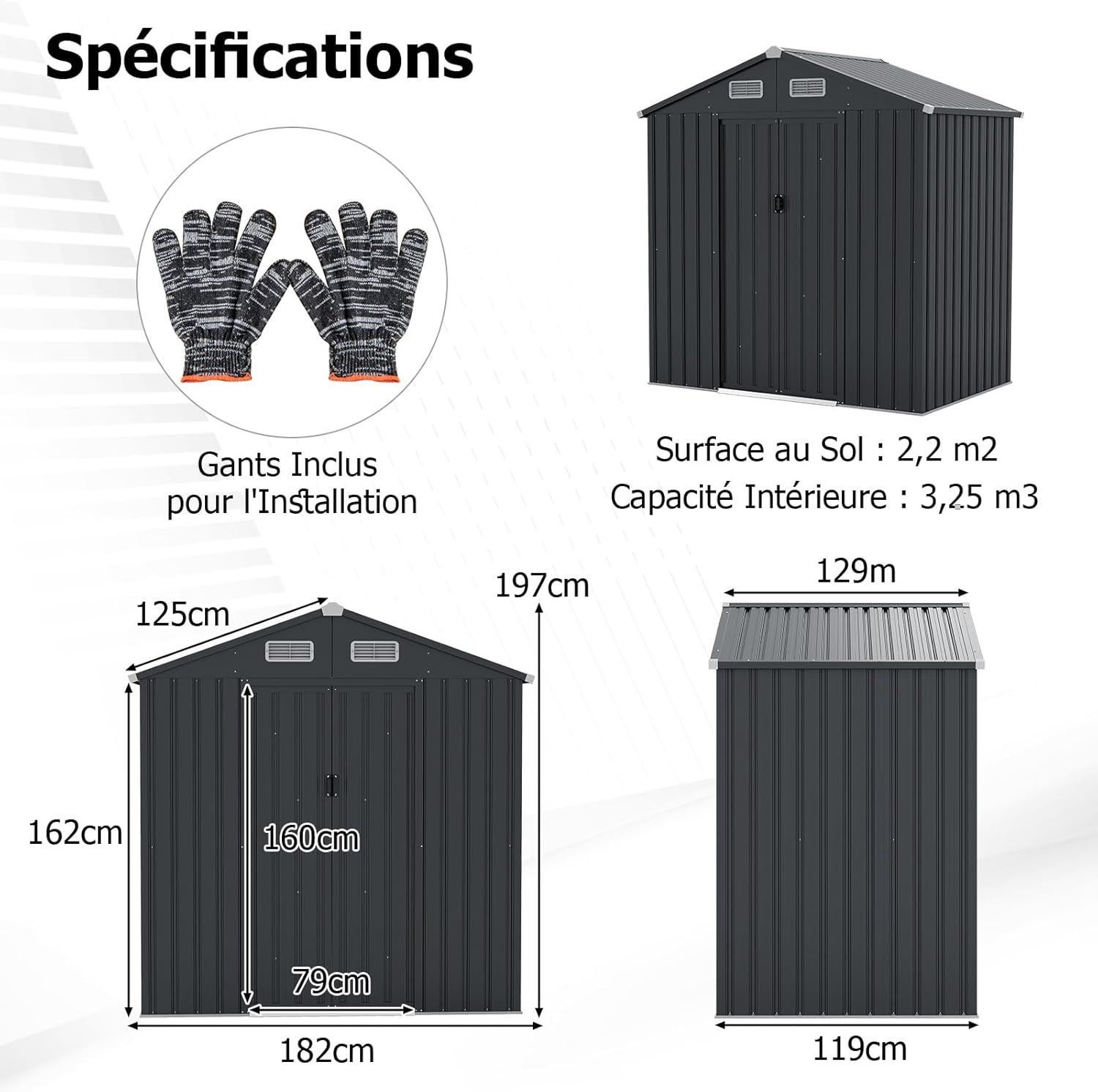 GOPLUS 2,16m² Abri de Jardin 4,26m³, Abri à Outils avec Toit Incliné, Portes Coulissantes, Aérations, Résistant aux Intempéries, Cadre en Acier Galvanisé Antirouille, pour Jardin, Arrière-Cour