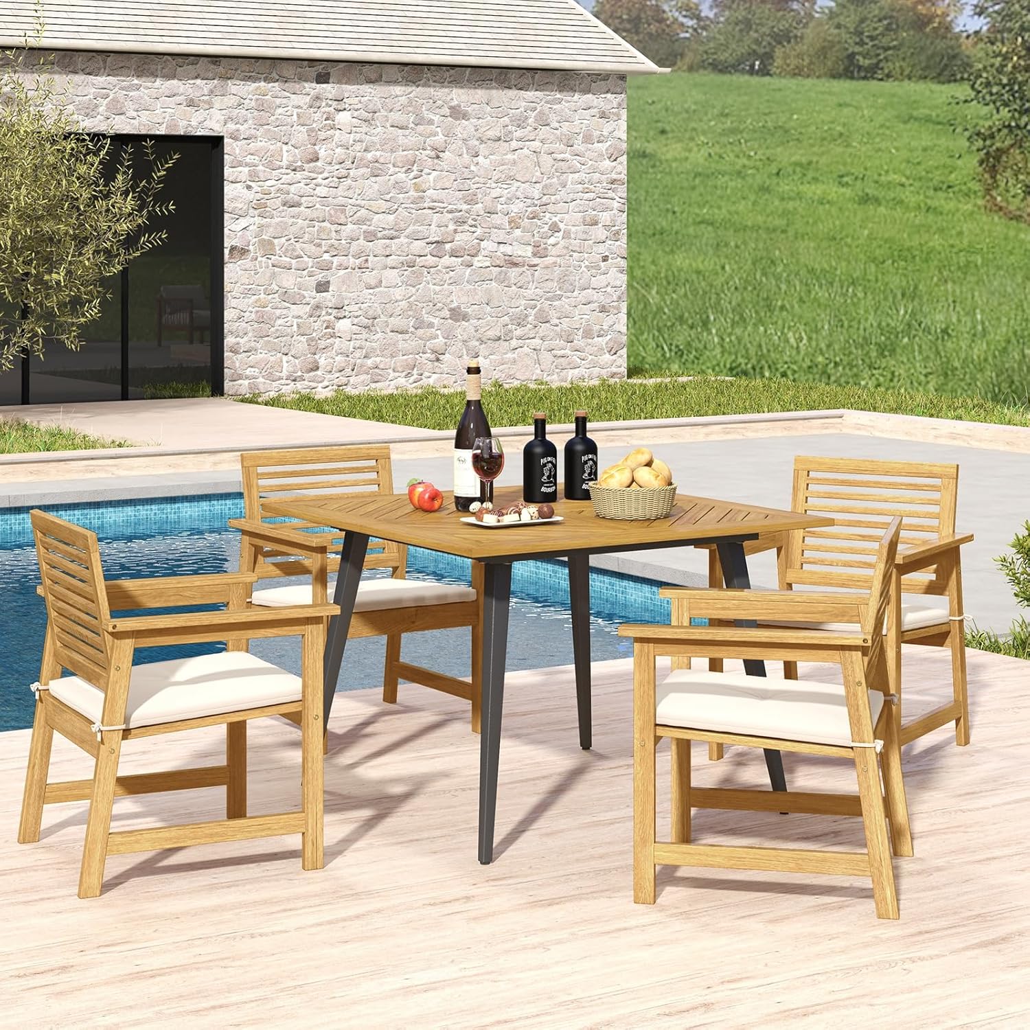 COSTWAY - Table jardin carrée - 107x107 cm - bois acacia, trou parasol
