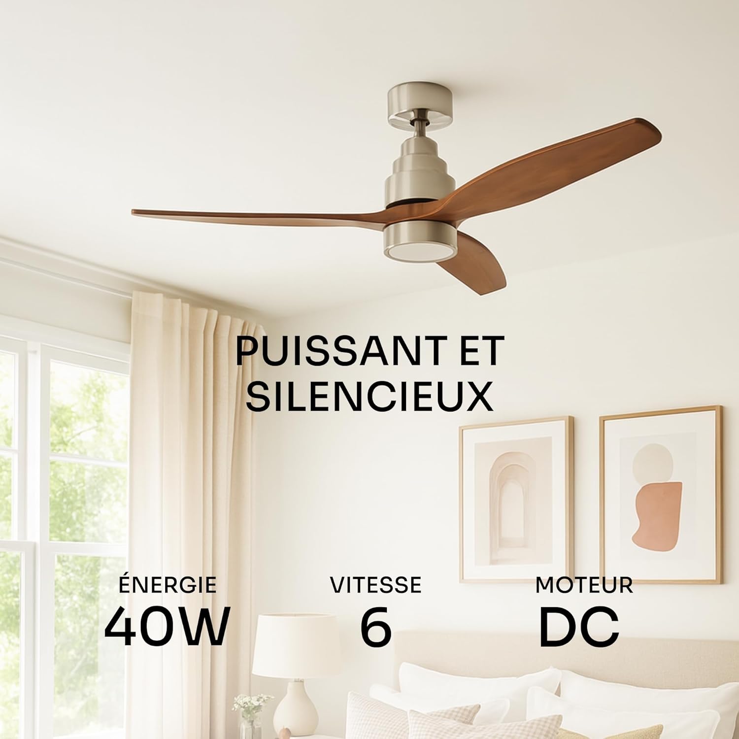 Mellerware - Ventilateur de plafond avec télécommande Brizy! Bright 45W | Lampe puissante | Ultra silencieux | 3 lames | Diamètre 132cm | 6 vitesses | Refroidissement + LED intégrée | Bois foncé