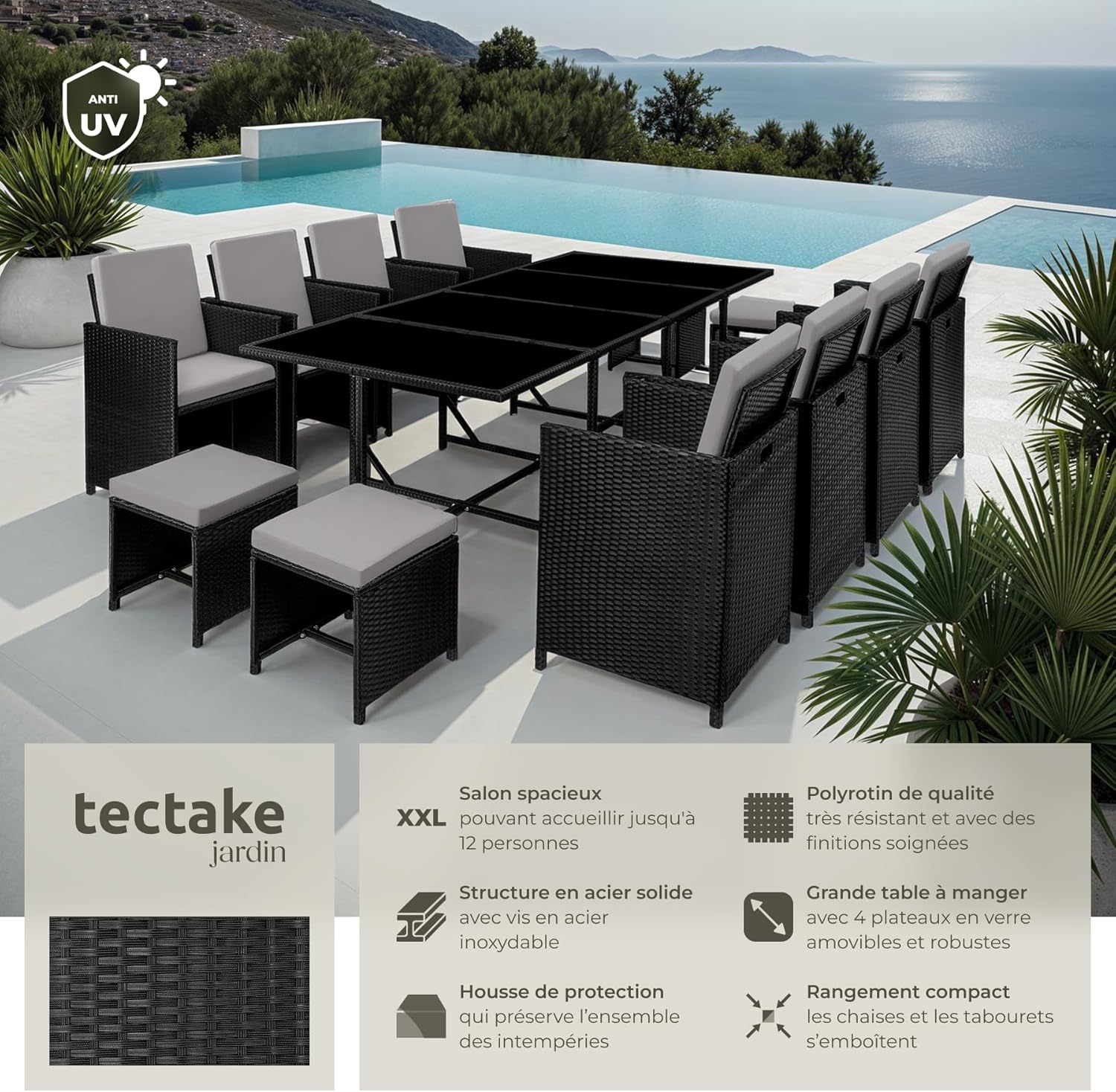 tectake - Salon de jardin résine tressée 8 chaises 4 tabourets table - ensemble repas extérieur terrasse balcon - Noir/G
