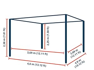Schéma technique montrant les dimensions d'une structure cubique : 3,69 m de longueur, 4 m de largeur, 2,38 m de hauteur, les mesures étant indiquées en mètres et en pieds.