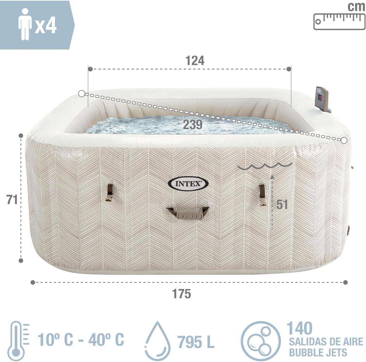 Intex - Spa Gonflable Chevron Deluxe - 175x175x71 cm - 4 places, chauffage 2200W, bulles, chlorateur, filtre S2 - 55092
