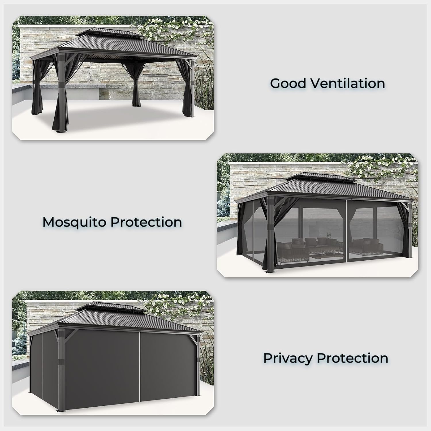 JUMMICO - Hardtop Pavillon - 3,65x4,85m - Étanche, double toit, stores, moustiquaires