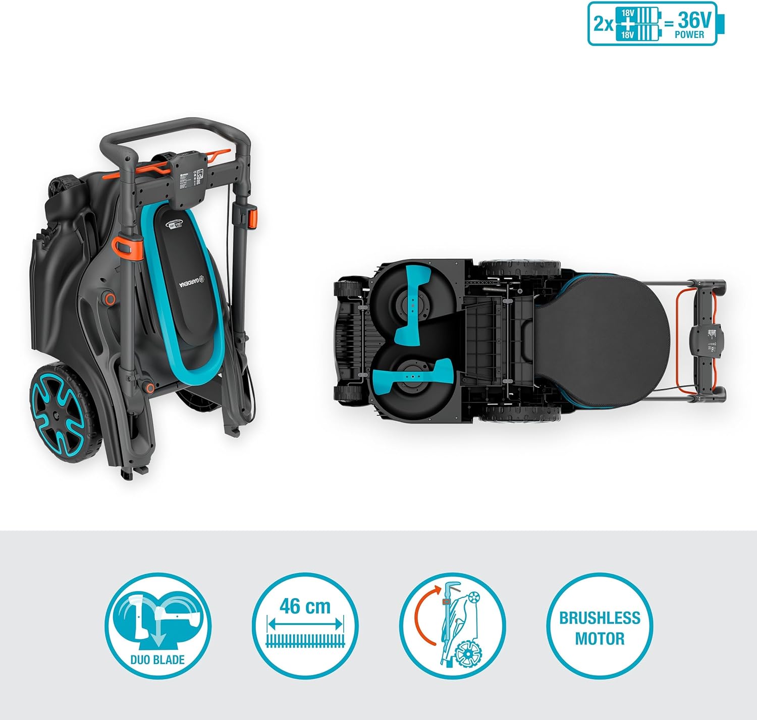 Gardena Tondeuse PowerMax Duo 46/36V P4A 4 Ah - sans Chargeur ni Batterie: Haute Performance, Deux Lames Valent Mieux Qu’Une, Idéal pour Les espaces étroits, Moteur Puissant PowerBoost (14646-55)