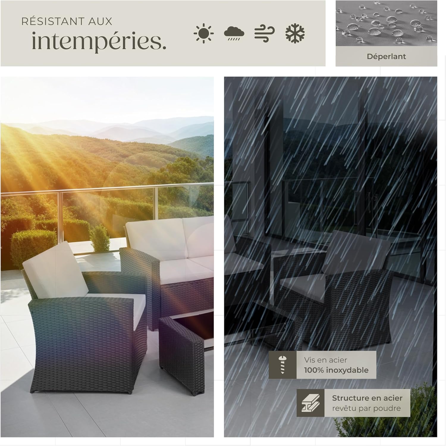 TecTake - Salon de jardin rotin 4 places - canapé, fauteuils, table, coussins confortables