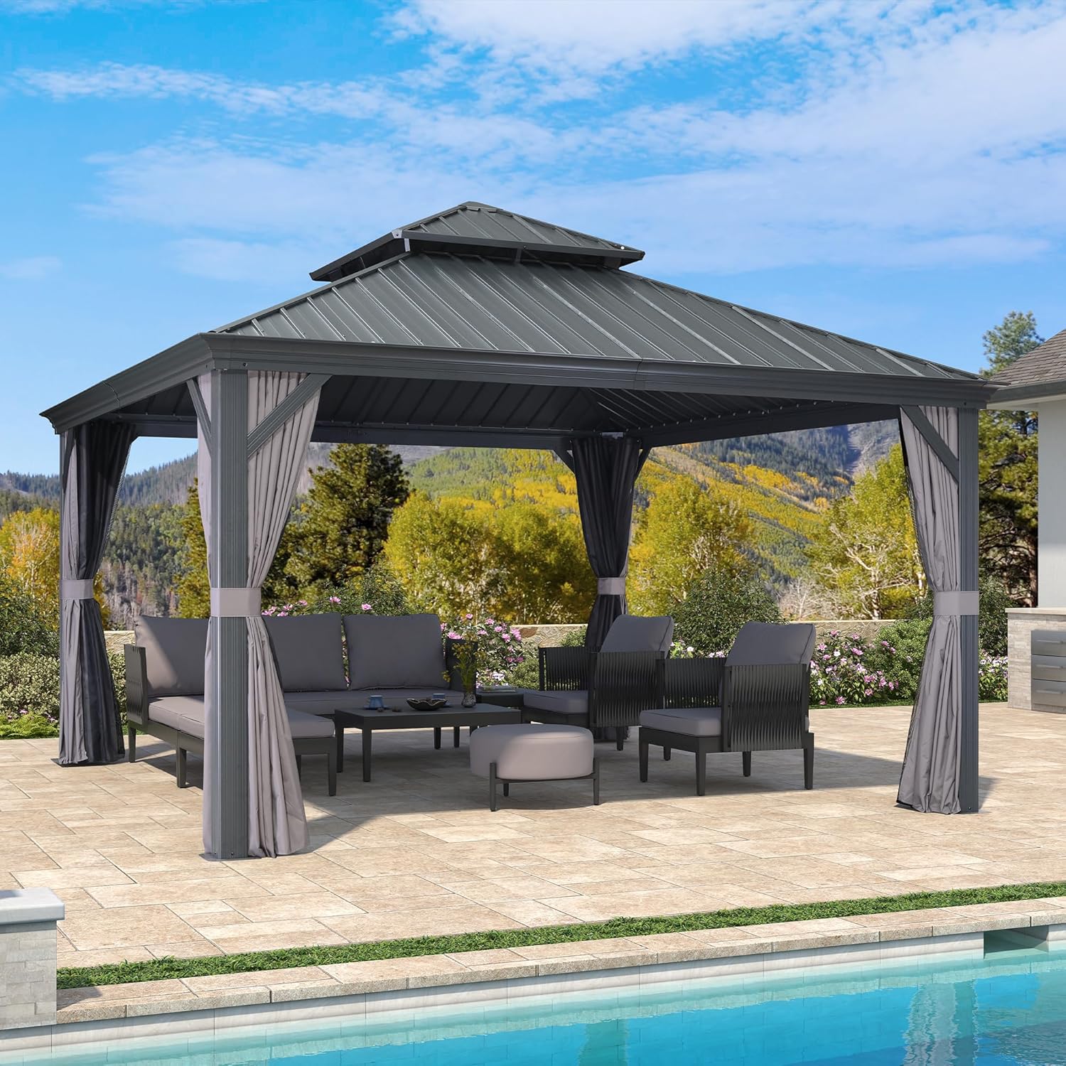 PURPLE LEAF - tonnelle double toit acier 4x4m, rideaux, moustiquaire