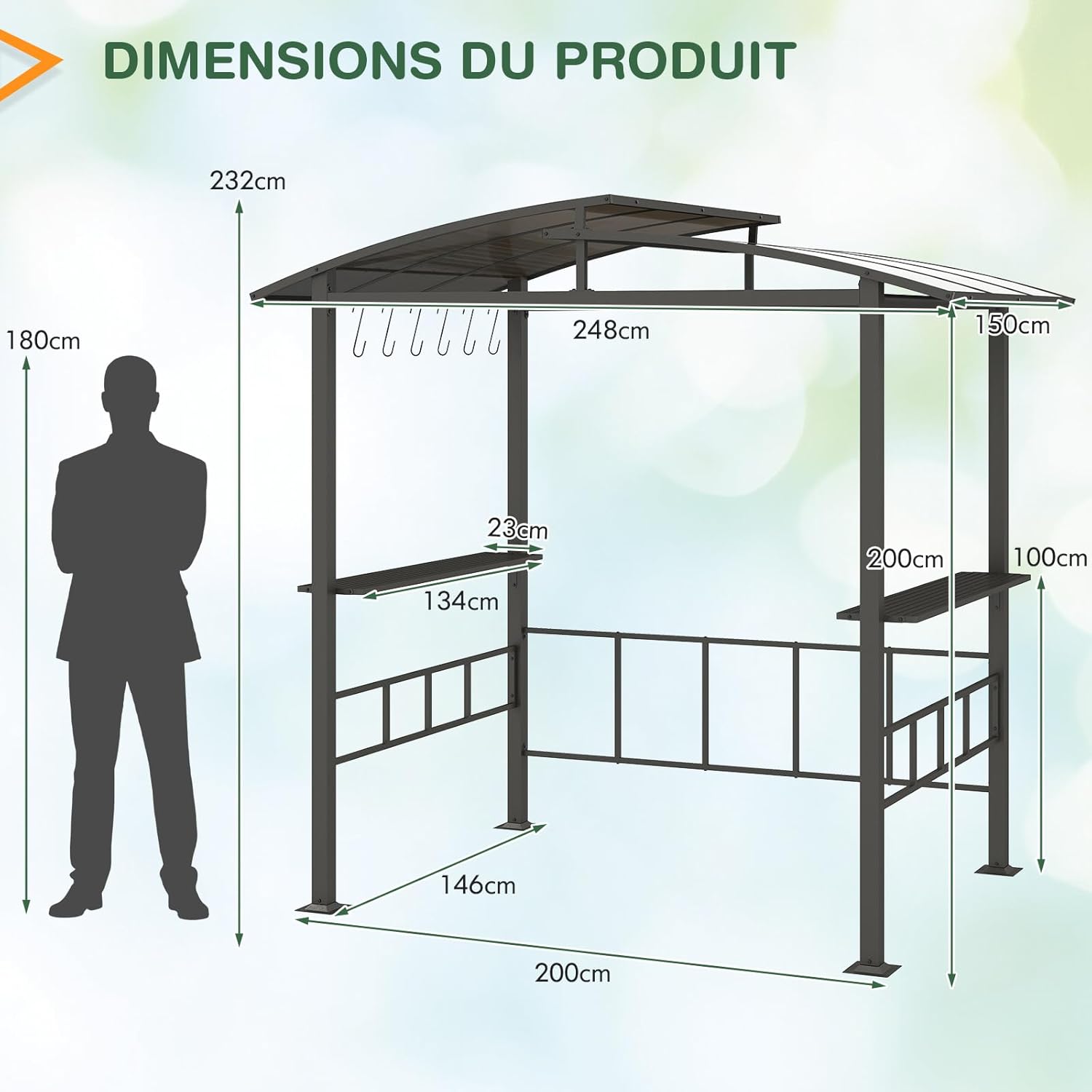 GOPLUS Tonnelle de Barbecue avec Toit Double en PC Ventilé, Étagères Latérales, Crochets, Abri de Barbecue Résistant aux Intempéries, pour Fêtes, Pique-Nique, Patio, Jardin, 248X150X232 CM